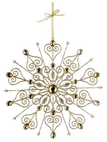 12" Glittery Gold & Jeweled Rhinestone Snowflake Christmas Ornament