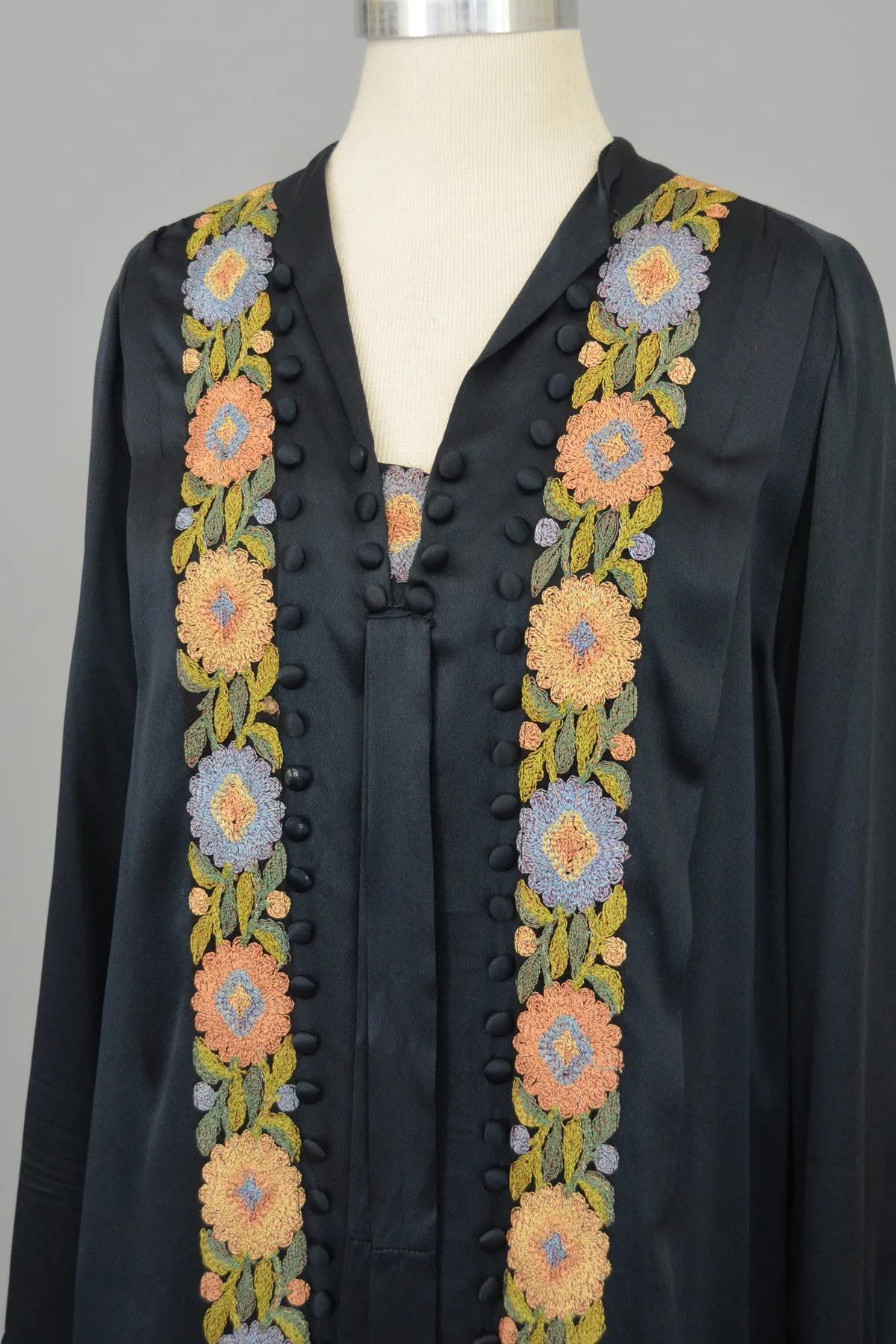 1920s Embroidered Navy Silk Satin Vintage Dress