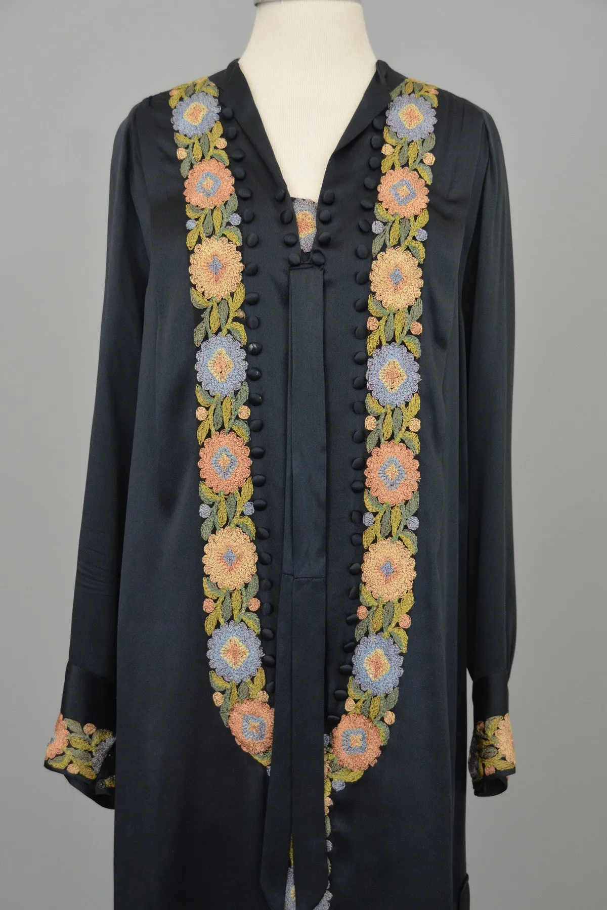 1920s Embroidered Navy Silk Satin Vintage Dress