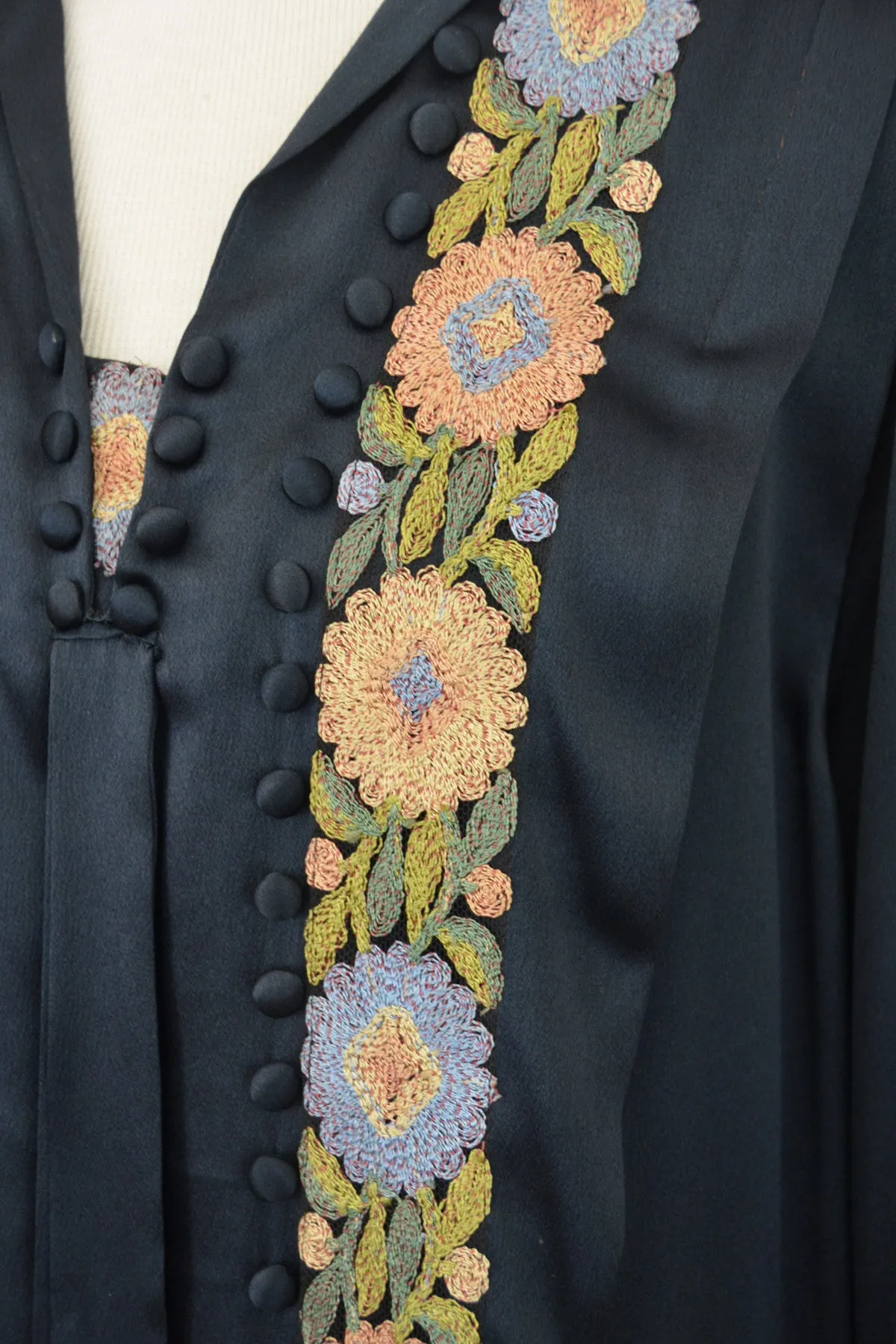 1920s Embroidered Navy Silk Satin Vintage Dress