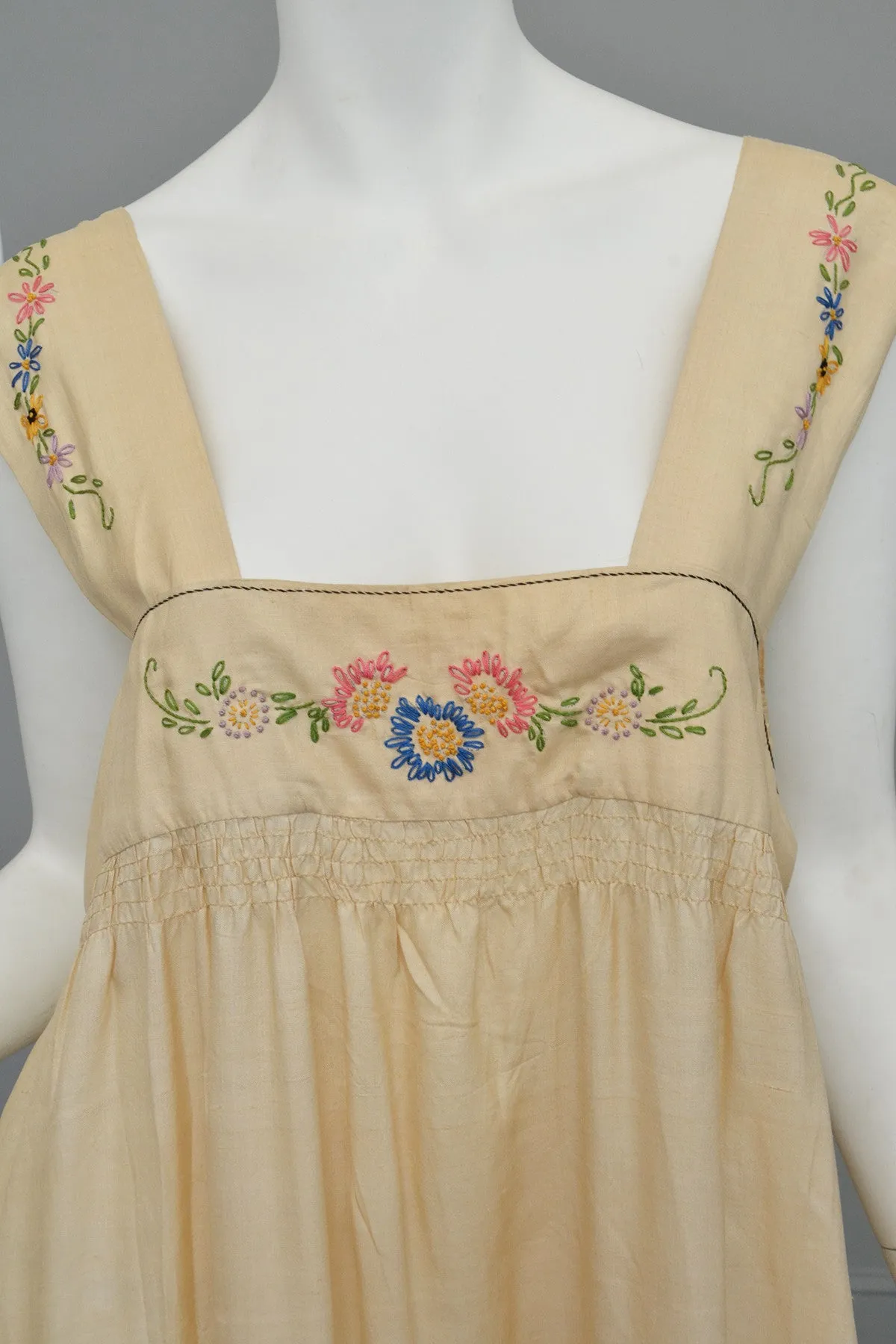 1920s Embroidered Silk Babydoll Maxi Dress Nightgown