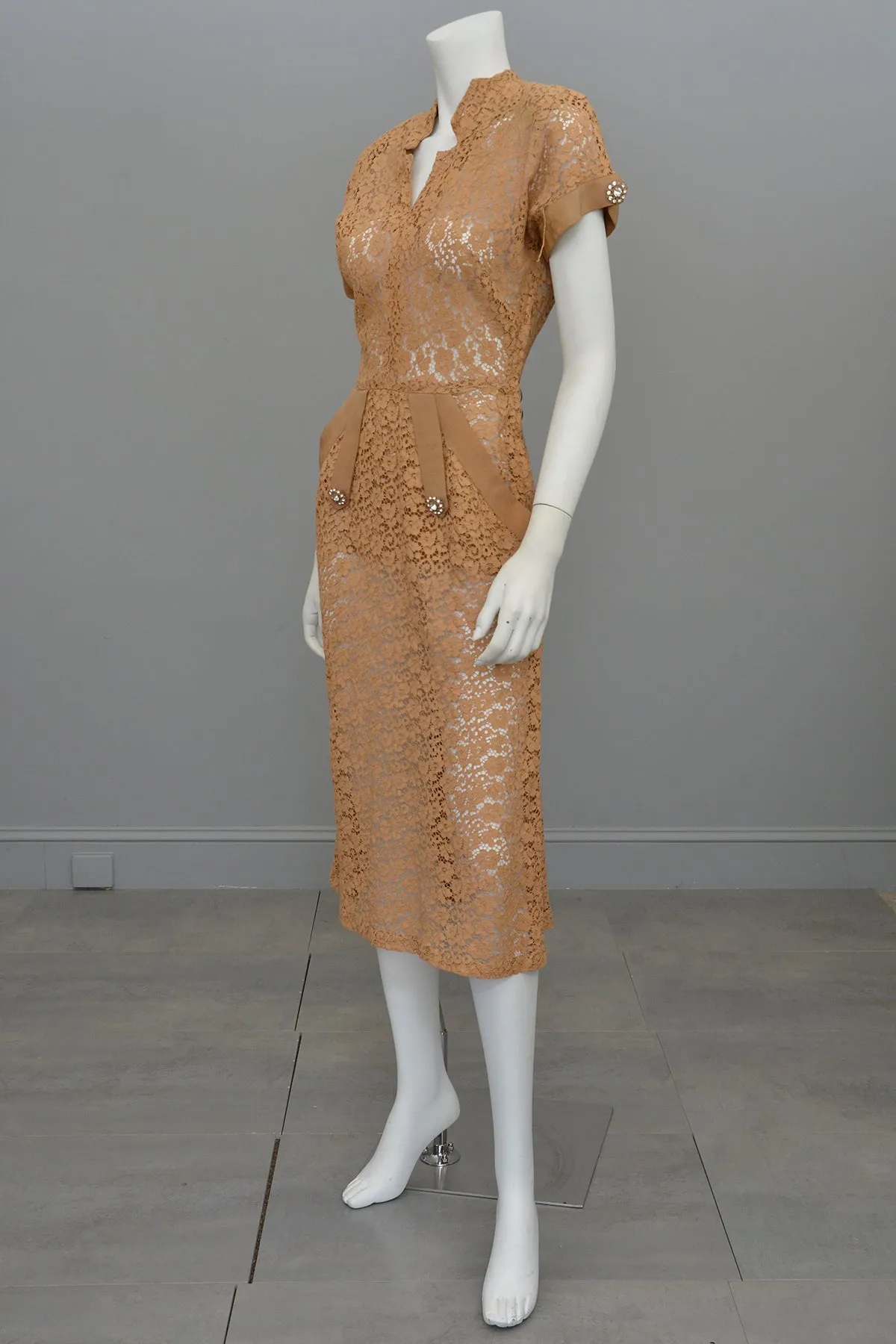 1940s Embroidered Lace Dress | Fawn Color | Rhinestone Buttons