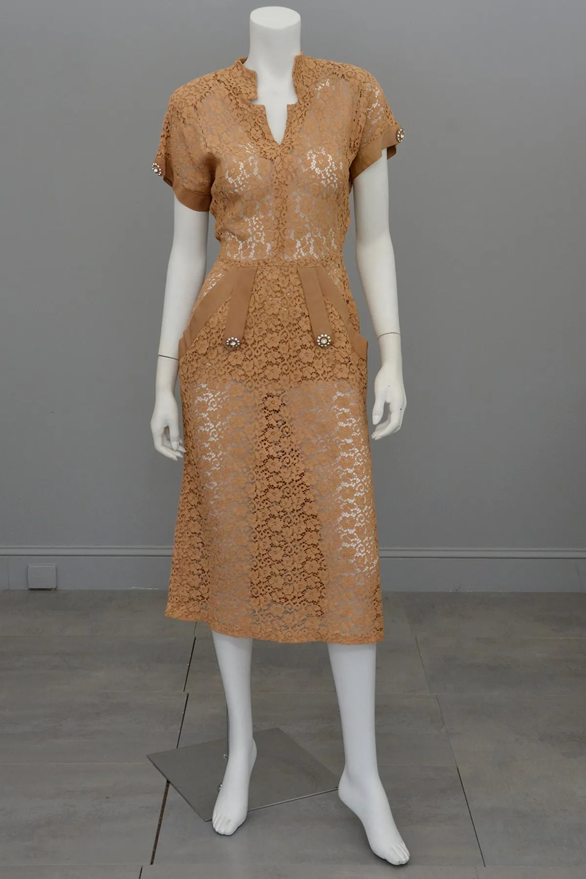 1940s Embroidered Lace Dress | Fawn Color | Rhinestone Buttons