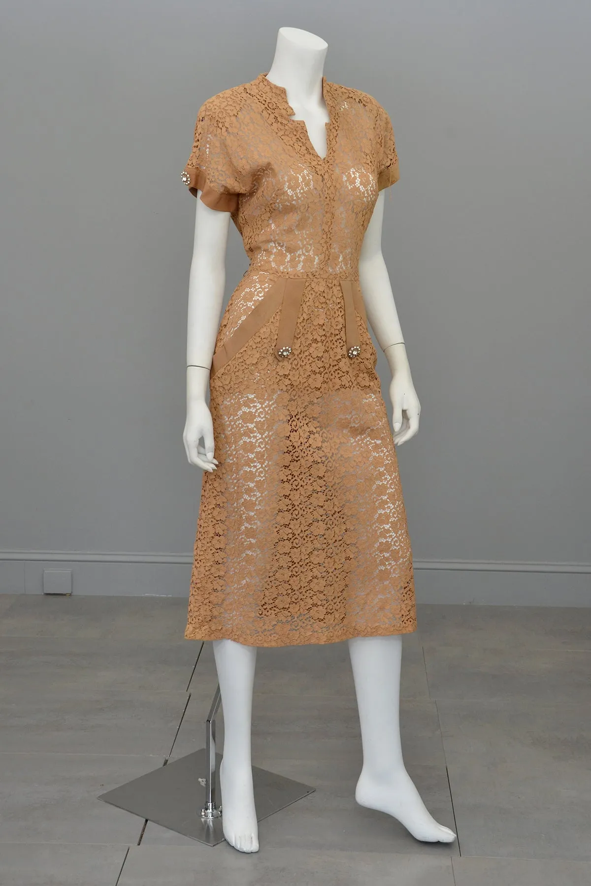 1940s Embroidered Lace Dress | Fawn Color | Rhinestone Buttons