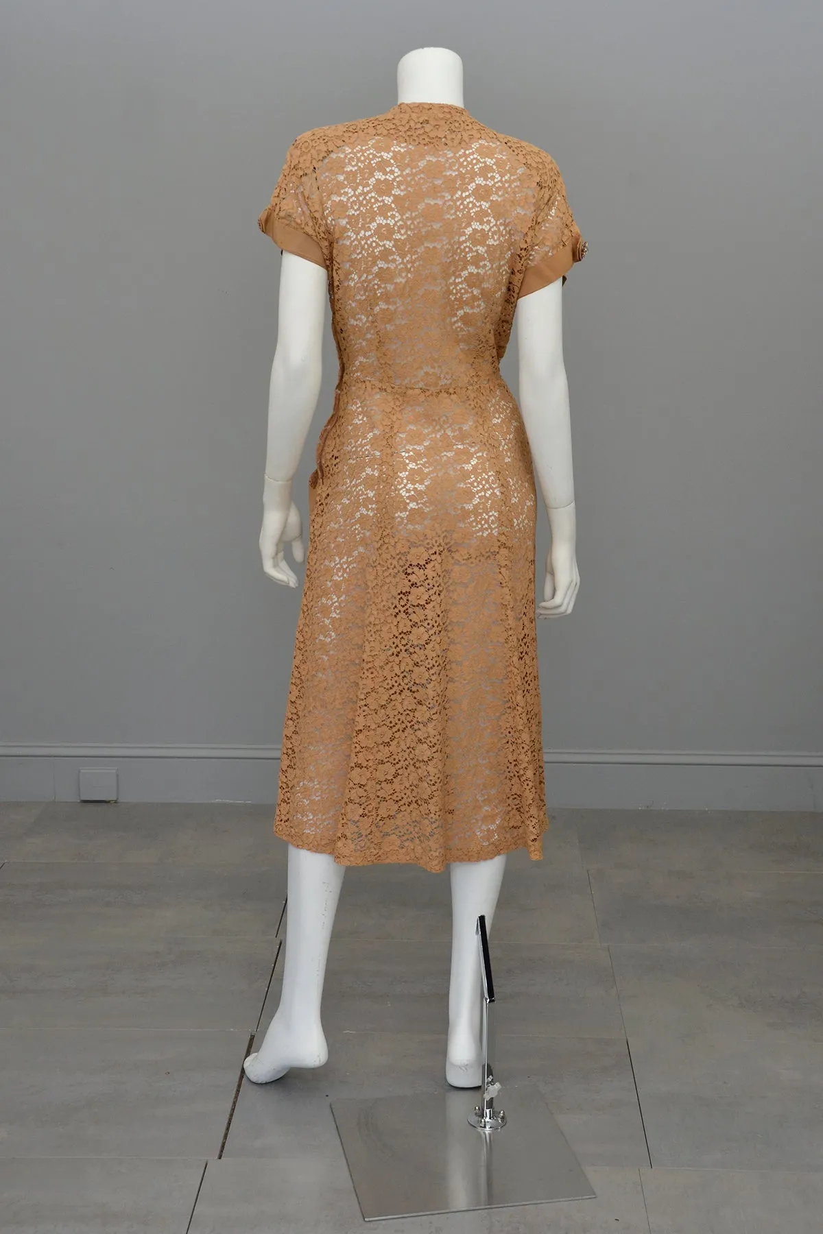 1940s Embroidered Lace Dress | Fawn Color | Rhinestone Buttons