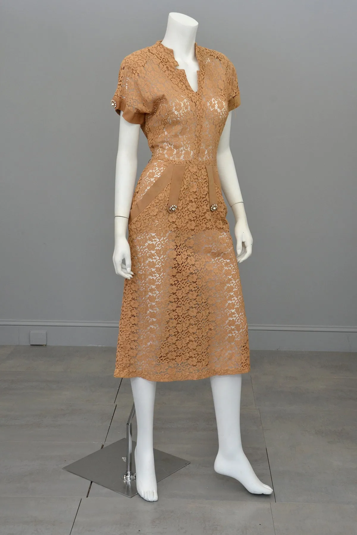 1940s Embroidered Lace Dress | Fawn Color | Rhinestone Buttons