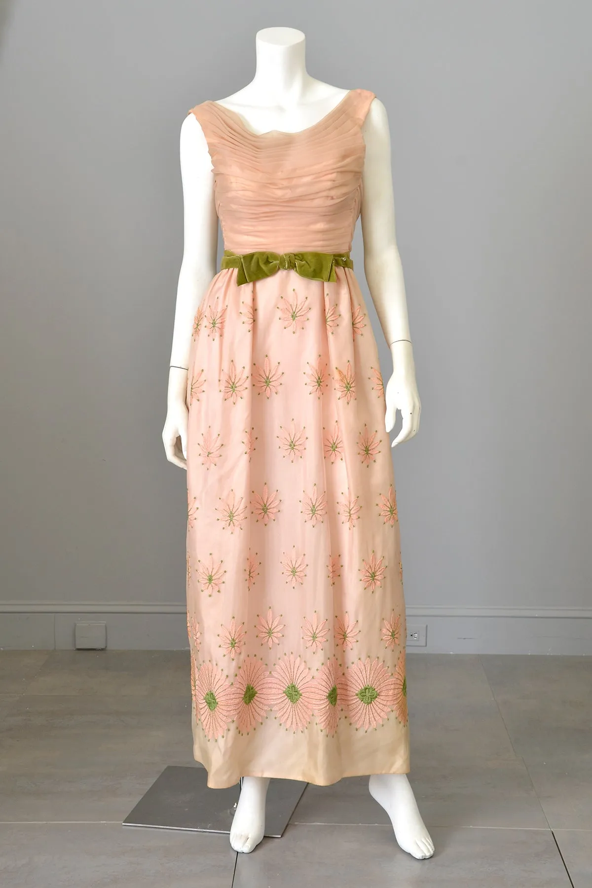 1960s Dusty Peach Pink Embroidered Ruched Gown | Vintage Bridesmaid or Prom Dress | XXS