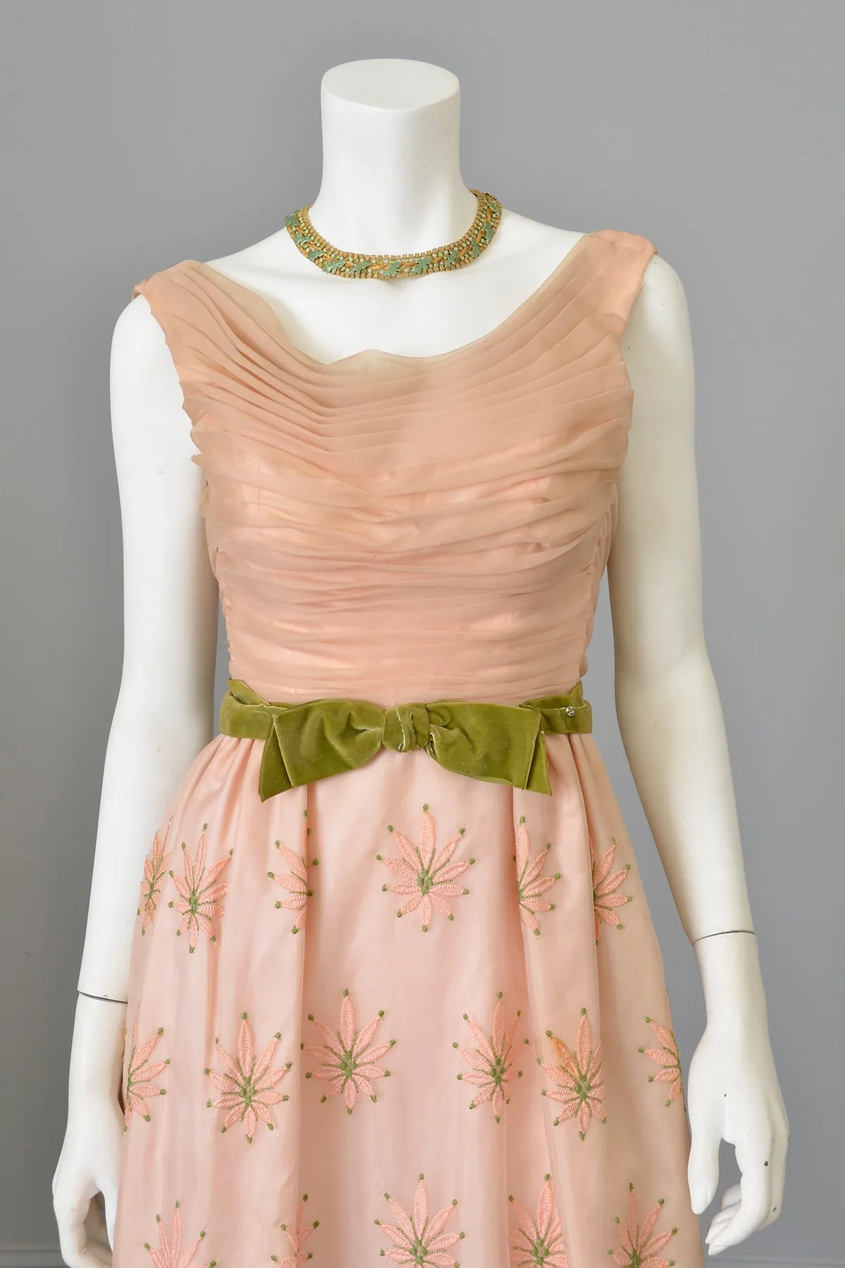 1960s Dusty Peach Pink Embroidered Ruched Gown | Vintage Bridesmaid or Prom Dress | XXS