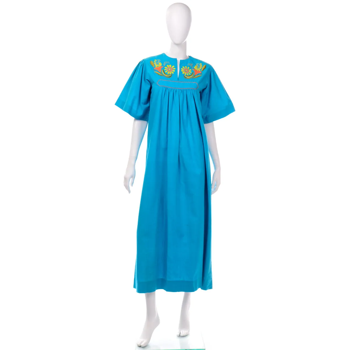 1960s Vintage Embroidered La Casa de Josefa Blue Maxi Dress