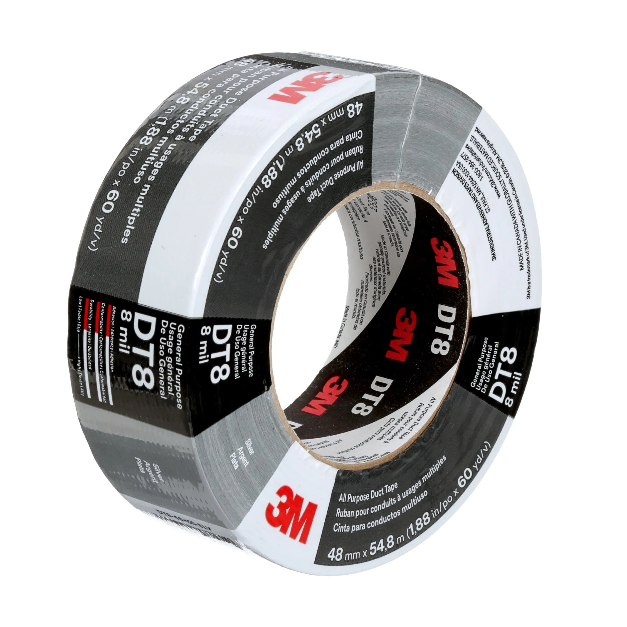 3M All Purpose Duct Tape DT8, Silver, 48 mm x 54.8 m, 8 mil, 24Roll/Case