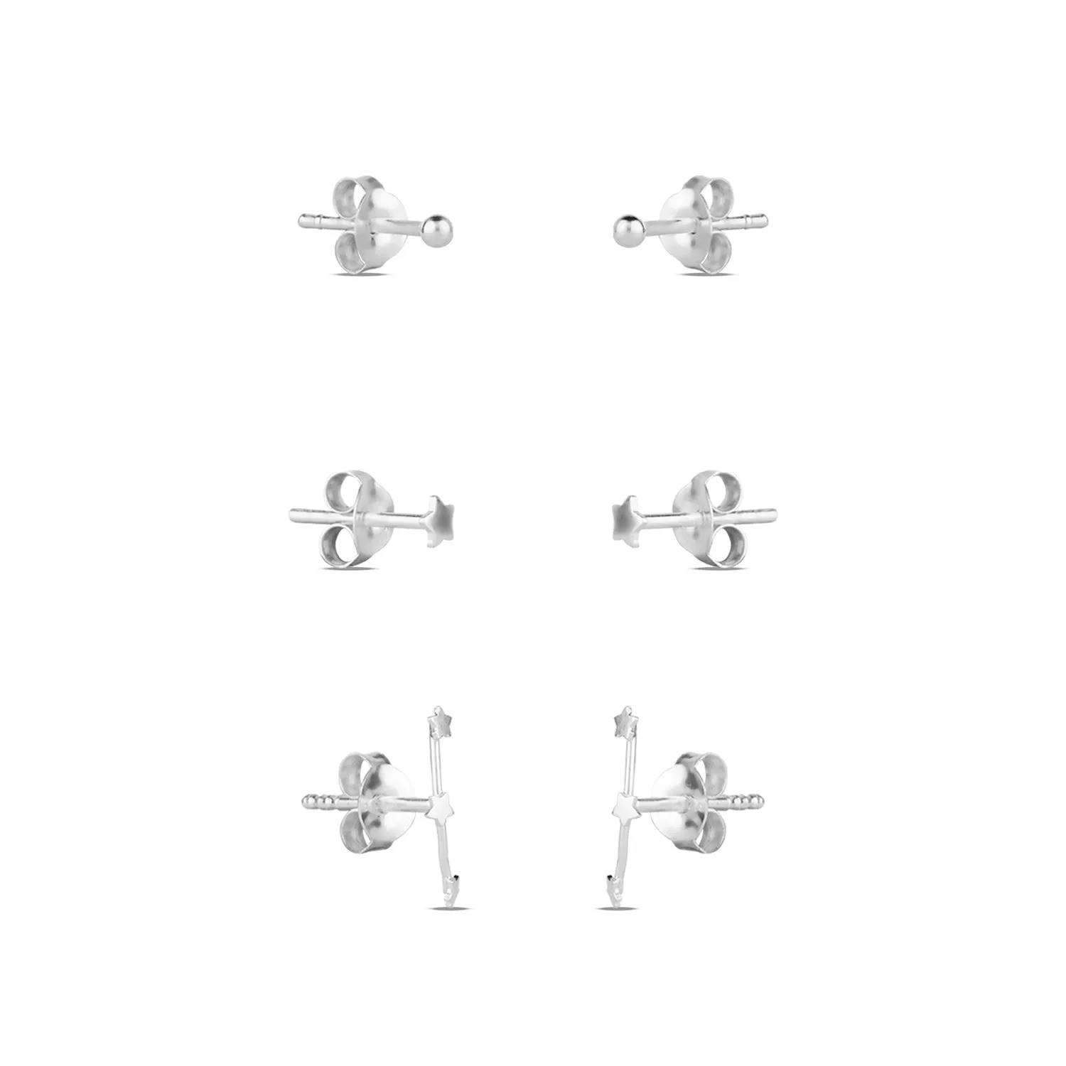 925 Pure Sterling Silver Set Of 3 Mini Star Stud Set