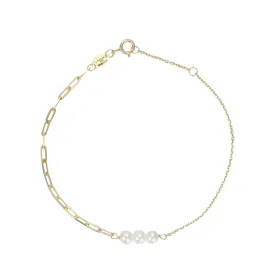 9kt Gold Three Round Pearl Paperclip & Fine Chain Bracelet