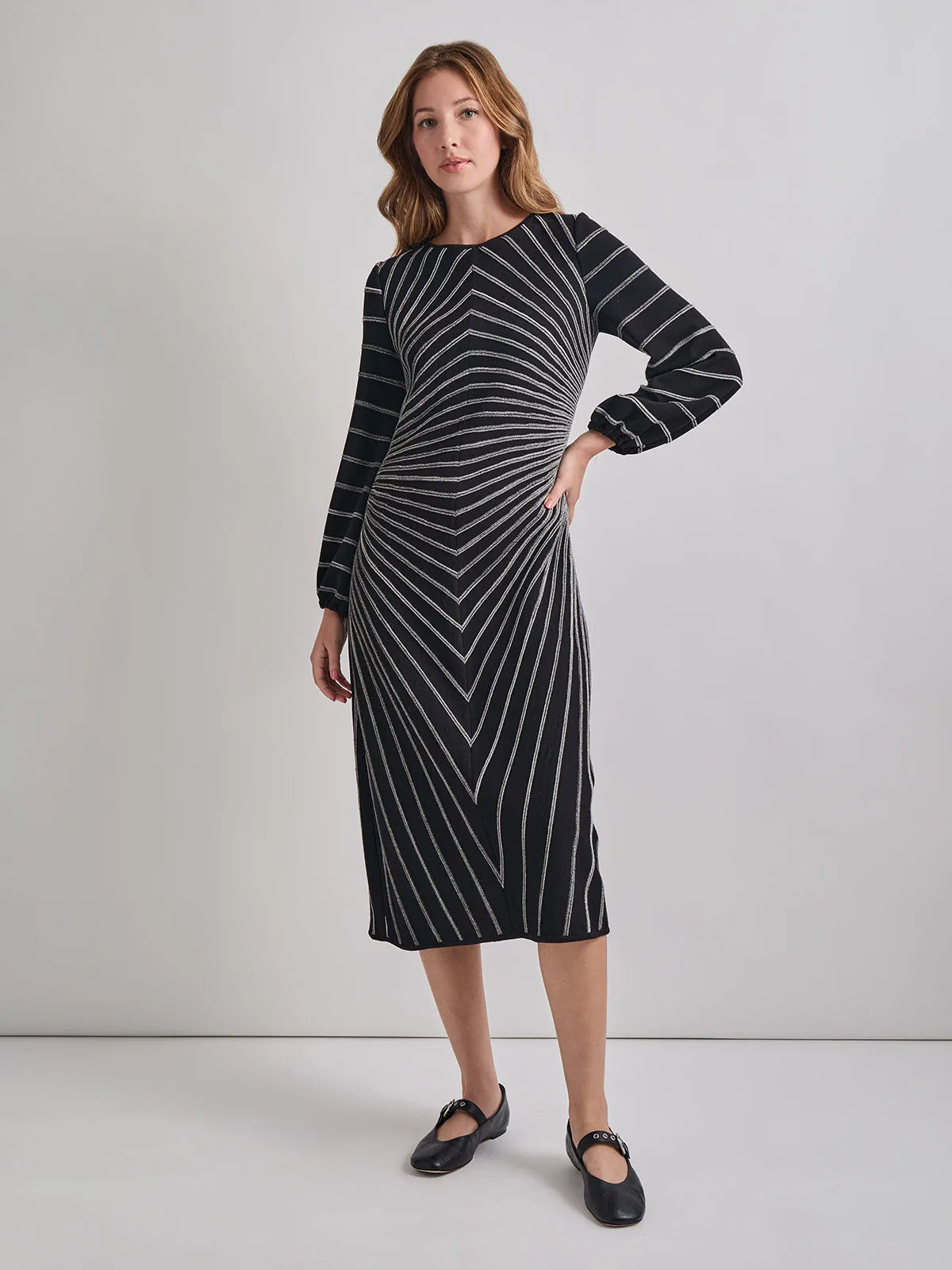 A-Line Melange Striped Soft Knit Midi Dress