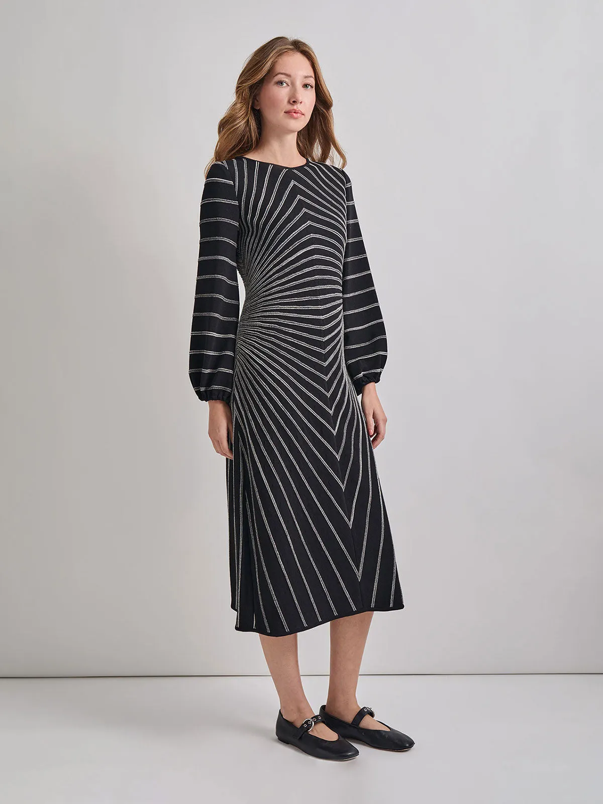 A-Line Melange Striped Soft Knit Midi Dress