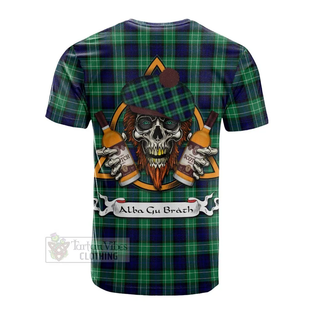 Abercrombie Tartan Cotton T-shirt with Family Crest and Bearded Skull Holding Bottles of Whiskey