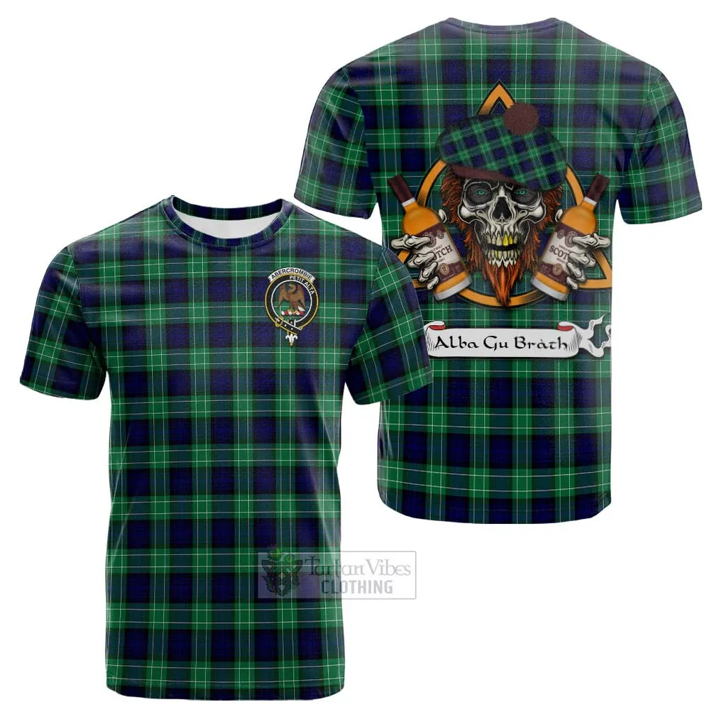 Abercrombie Tartan Cotton T-shirt with Family Crest and Bearded Skull Holding Bottles of Whiskey