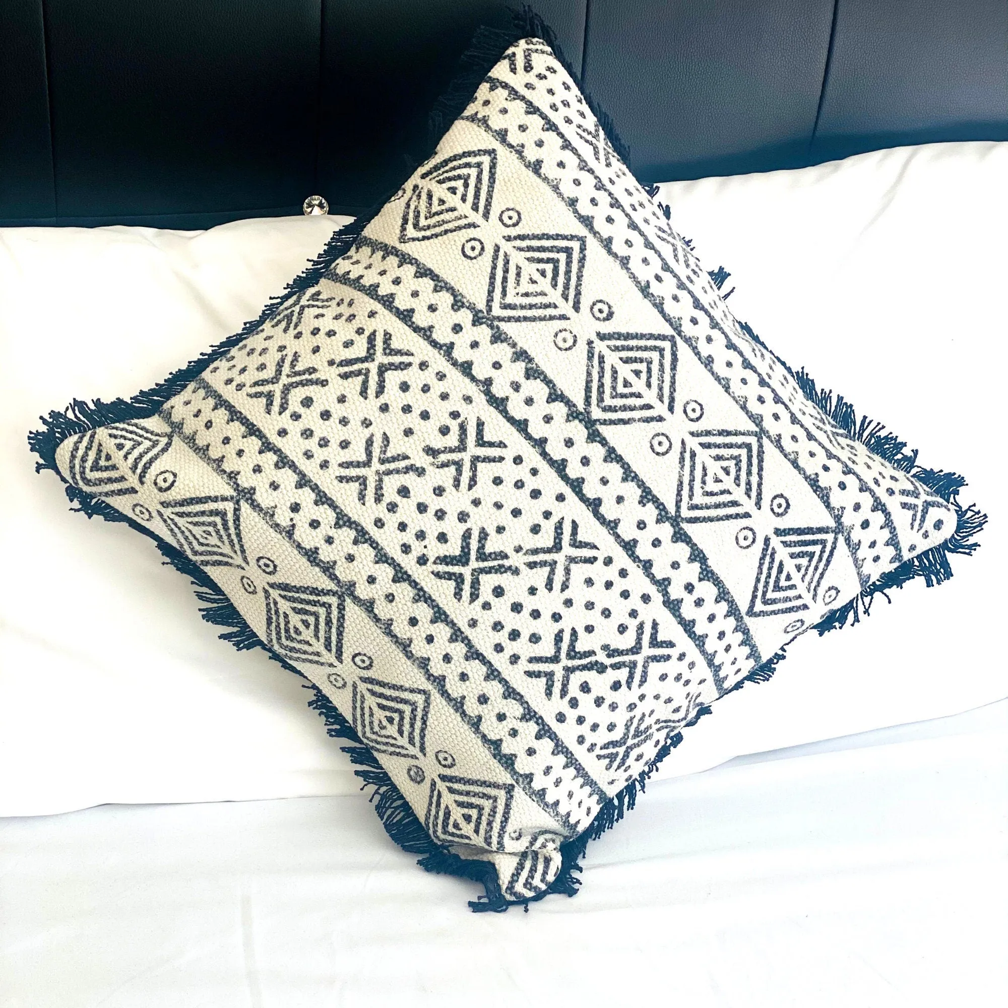 Abstract Pattern, Throw Pillow, African White Mud Cloth Pillow Case, 18 x 18 Inches for Sofa, Boho Decor, New Home Gift