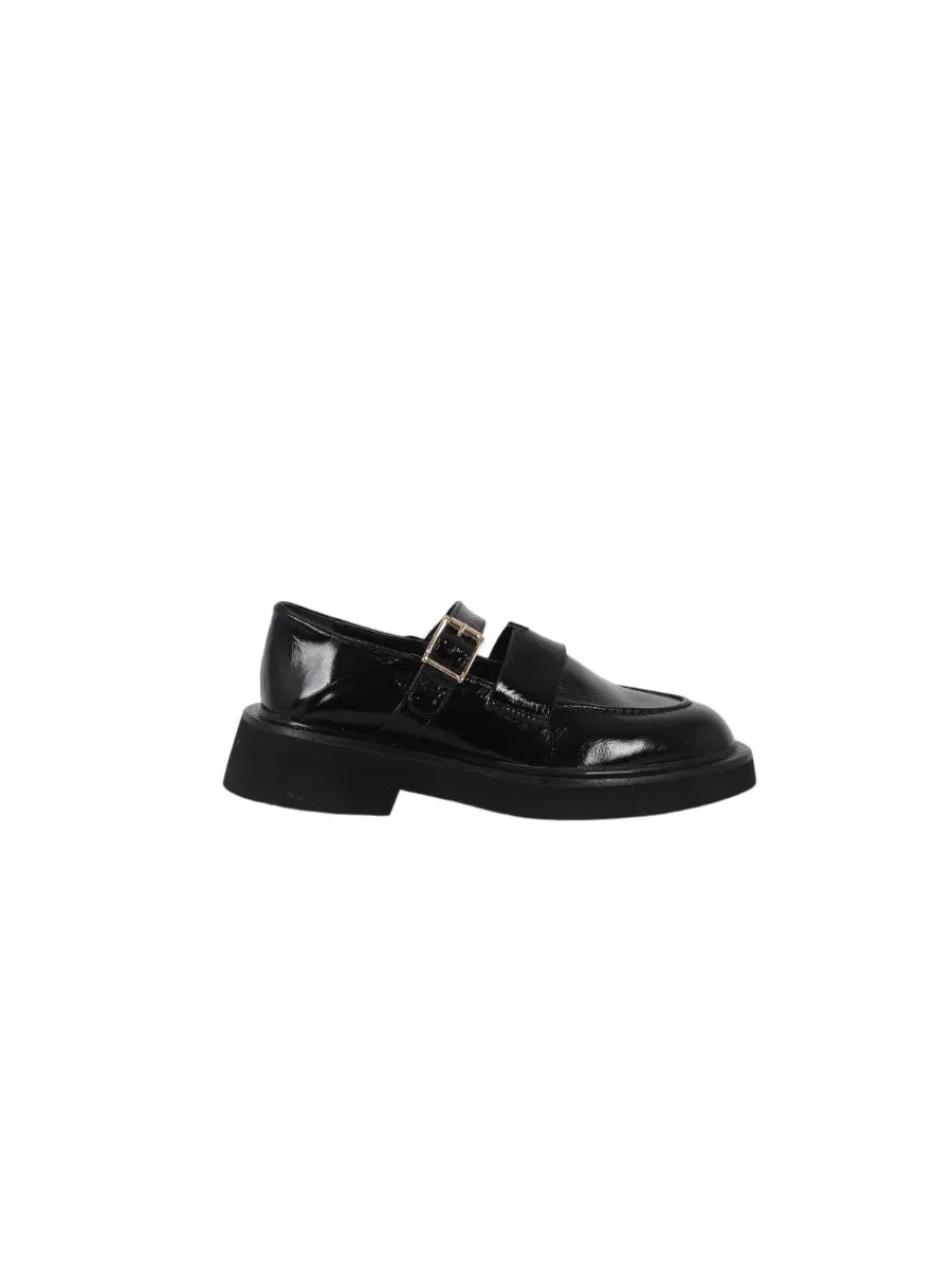 Adeline Buckled Patent Leather Loafers Black