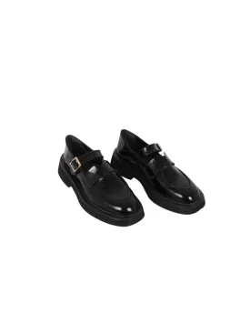 Adeline Buckled Patent Leather Loafers Black