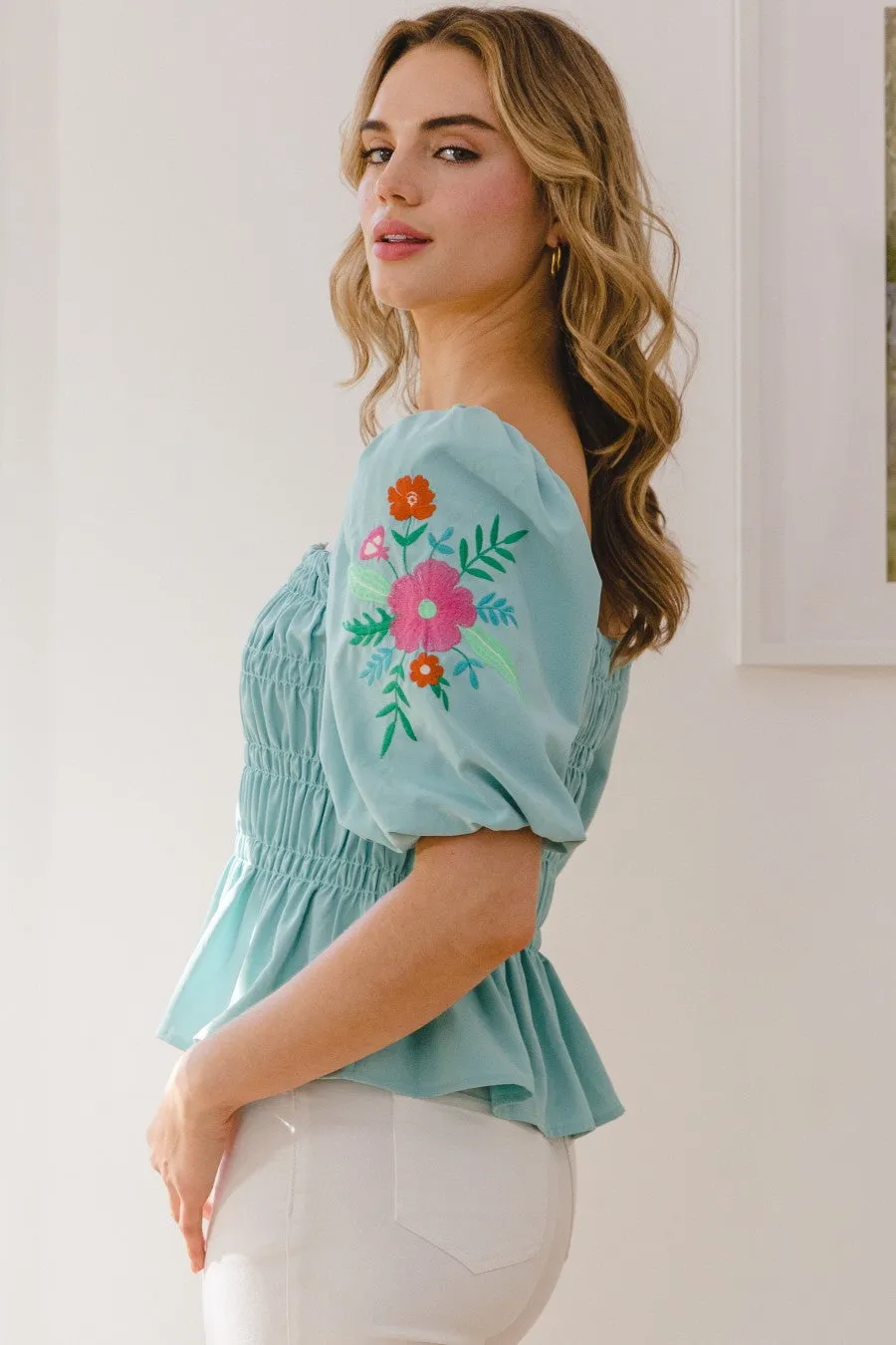 Aqua Embroidered Puff Sleeve Peplum Top