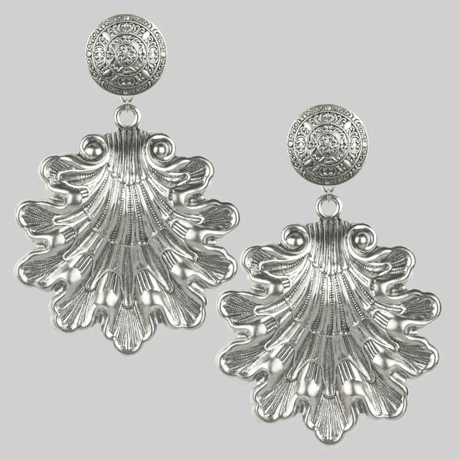 ARIEL. Ornate Shell Statement Earrings - Silver