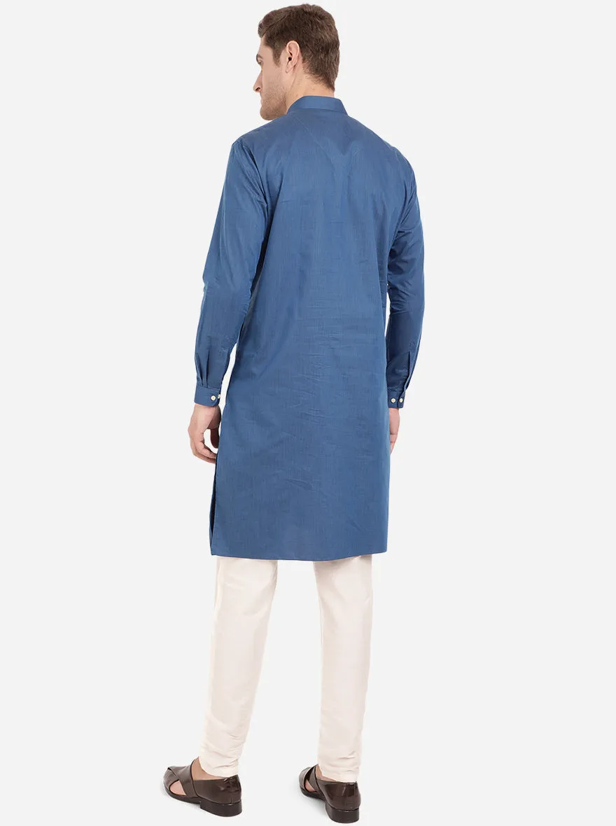 Azure Blue Self Textured Regular Fit Modi Kurta | JadeBlue