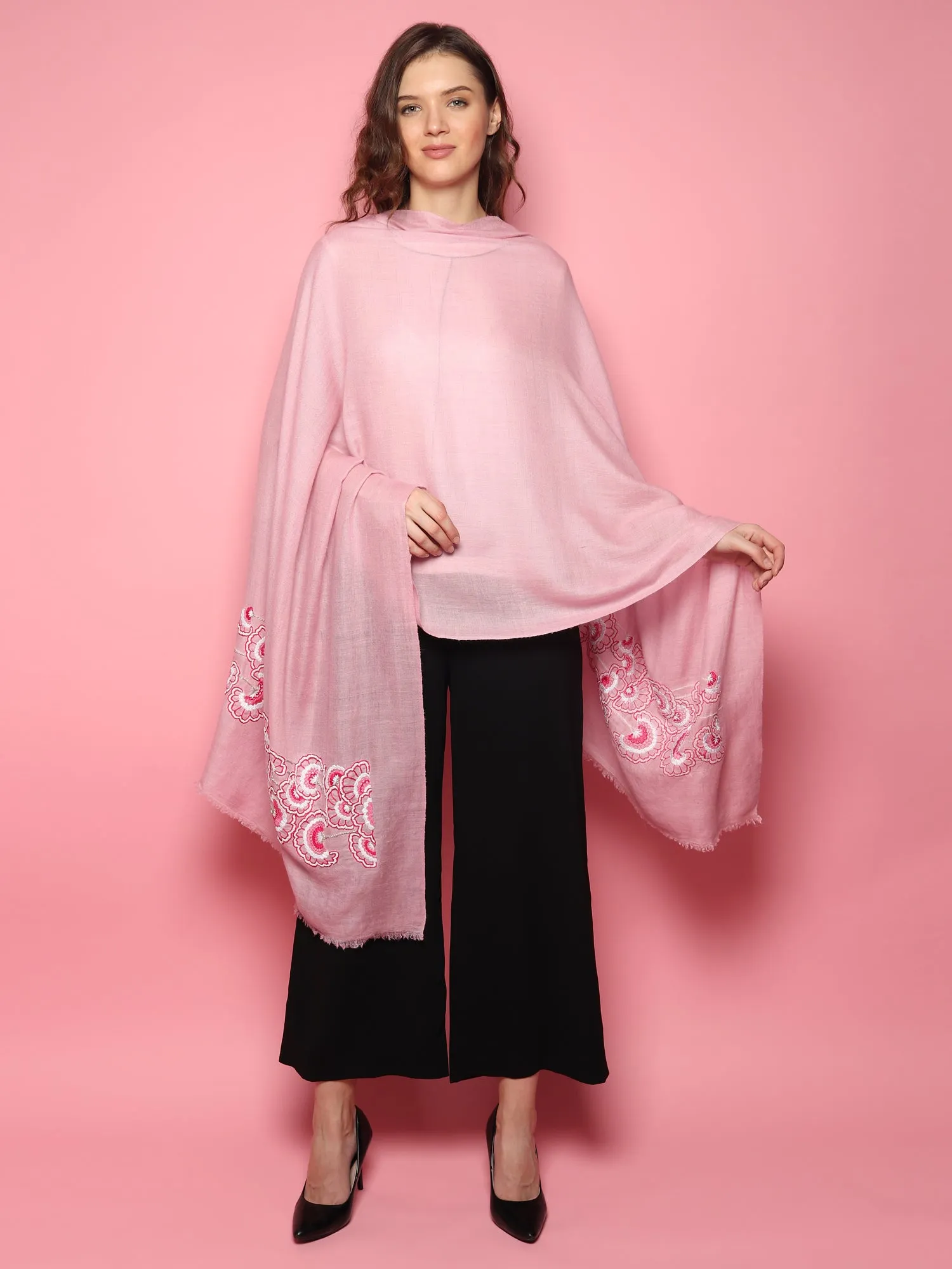 Baby Pink Shawl 100% Pure Pashmina Shawl, hand embroidery shawl with floral artwork pattern, kashmiri shawls online