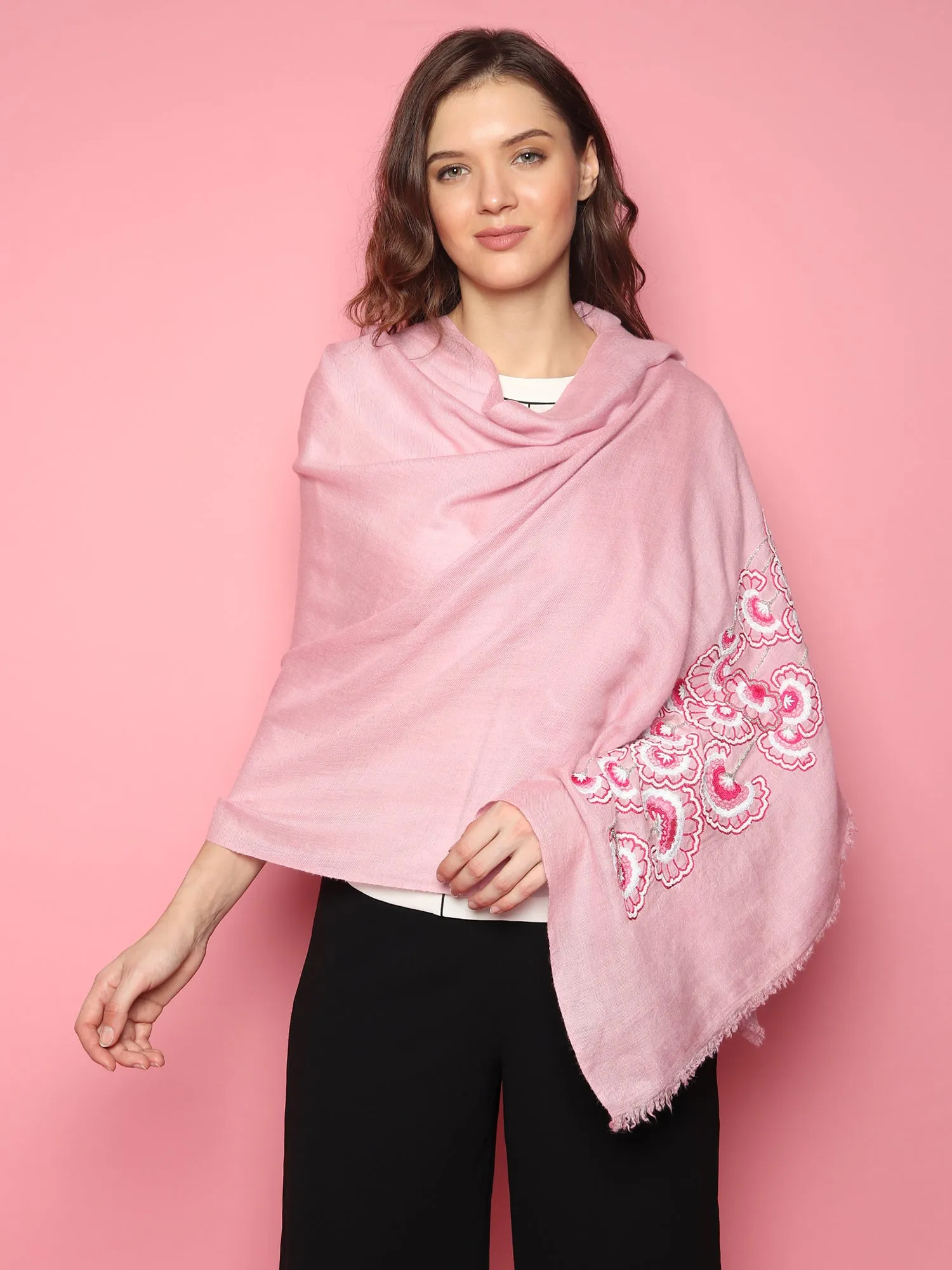 Baby Pink Shawl 100% Pure Pashmina Shawl, hand embroidery shawl with floral artwork pattern, kashmiri shawls online