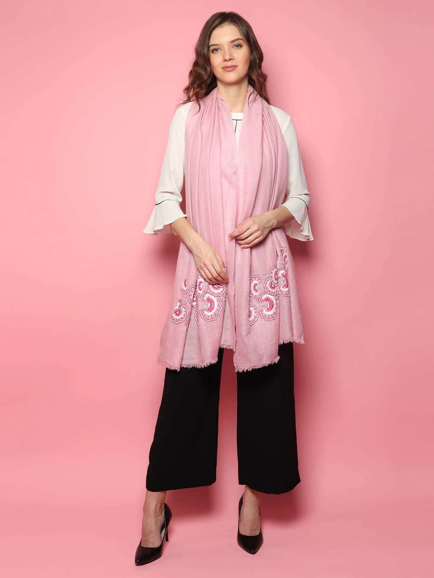 Baby Pink Shawl 100% Pure Pashmina Shawl, hand embroidery shawl with floral artwork pattern, kashmiri shawls online