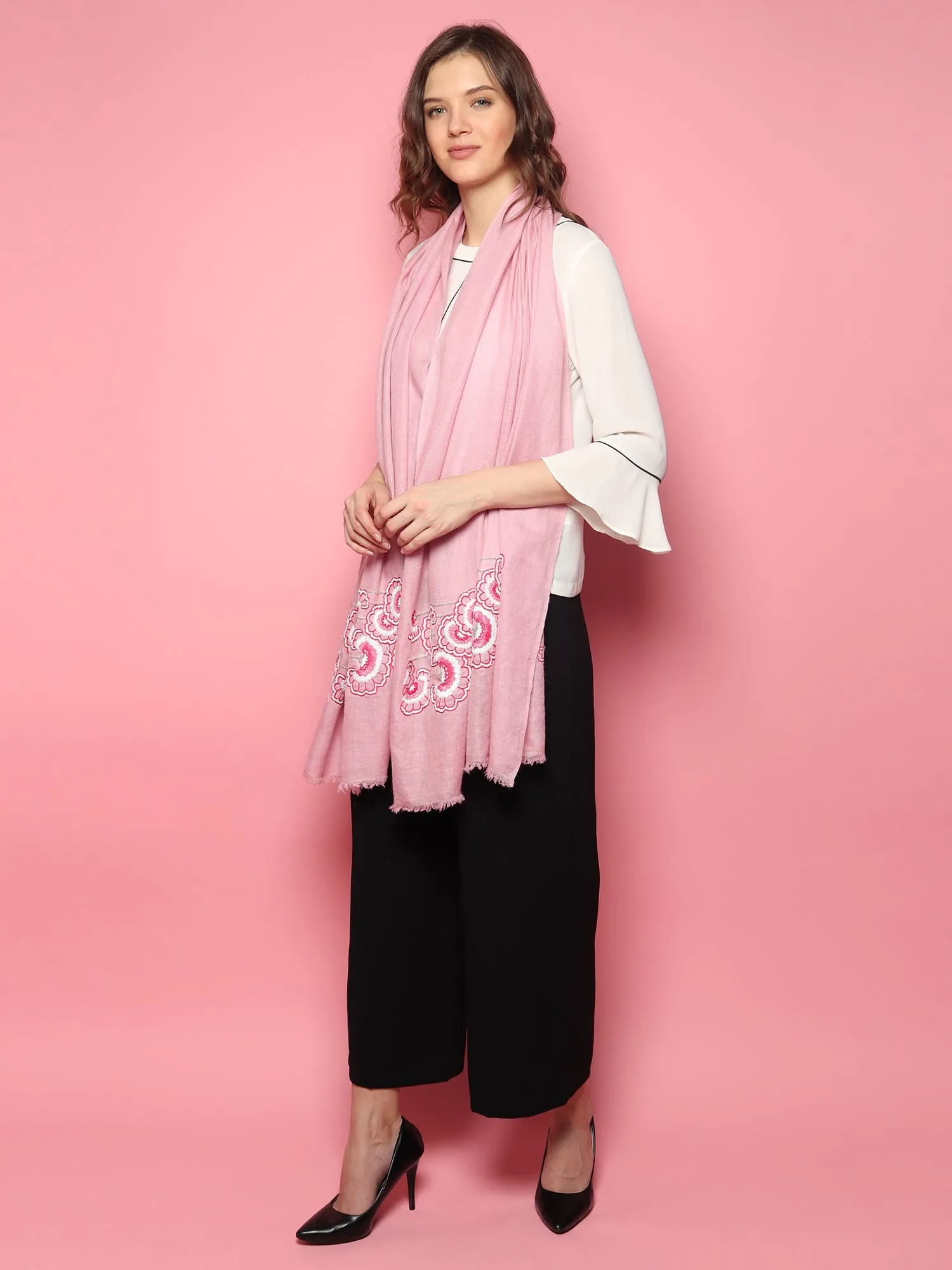 Baby Pink Shawl 100% Pure Pashmina Shawl, hand embroidery shawl with floral artwork pattern, kashmiri shawls online