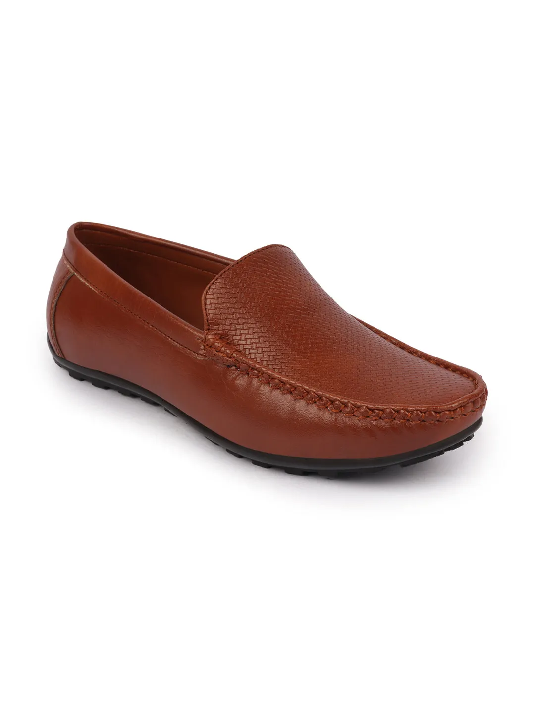 Basics Men Tan Textured Print Side Stitched Casual Slip On Loafers and Moccasin Shoes