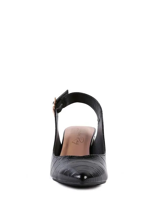 Black Croc Slingback Block Heel Sandal