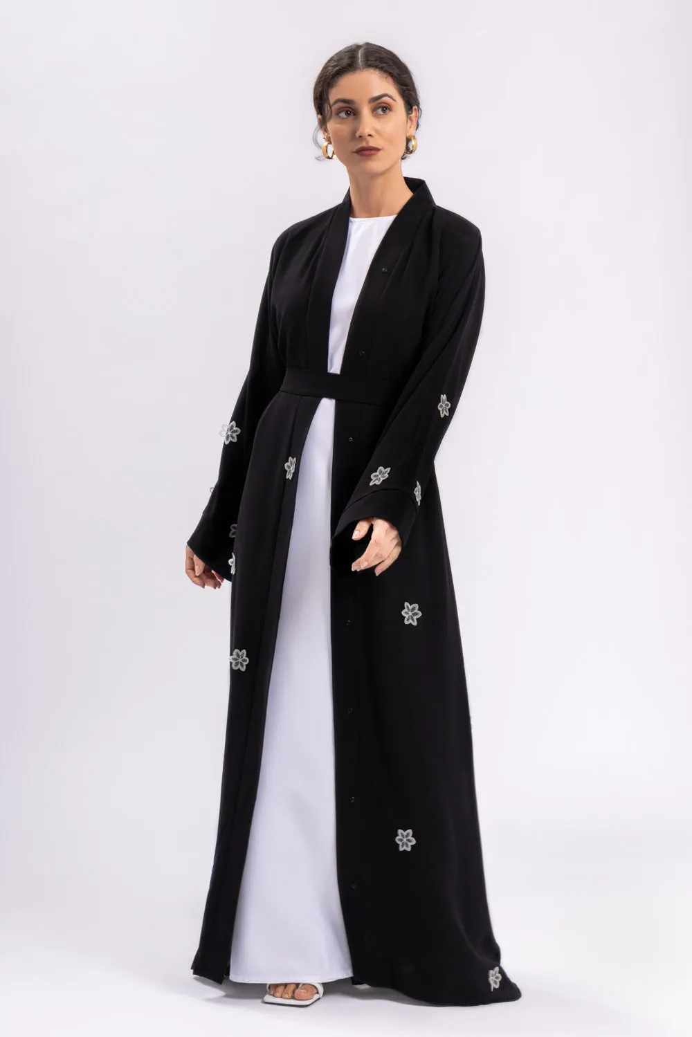 Black Floral Open Abaya