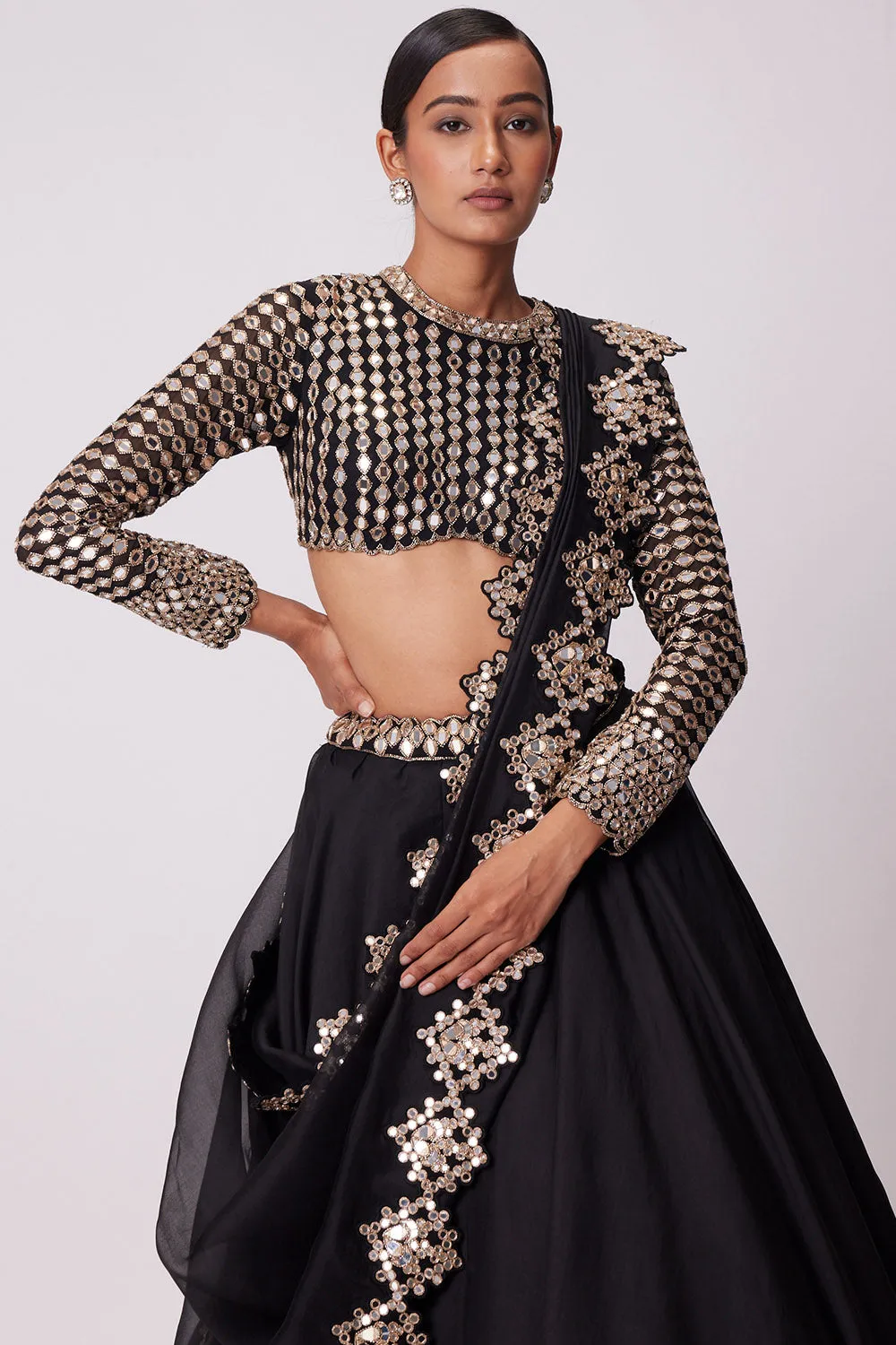 Black Organza Mirror Embroidered Lehenga Set