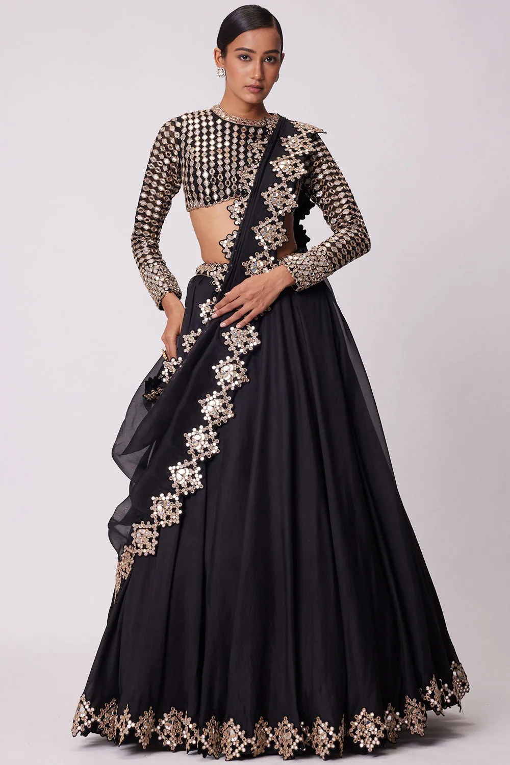 Black Organza Mirror Embroidered Lehenga Set