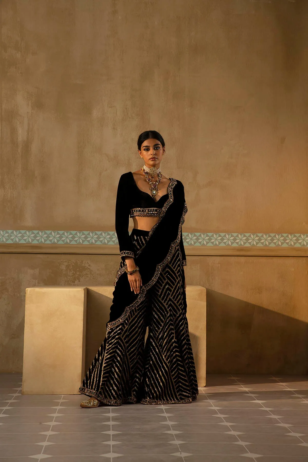 Black Scalloped Drape Sharara Set