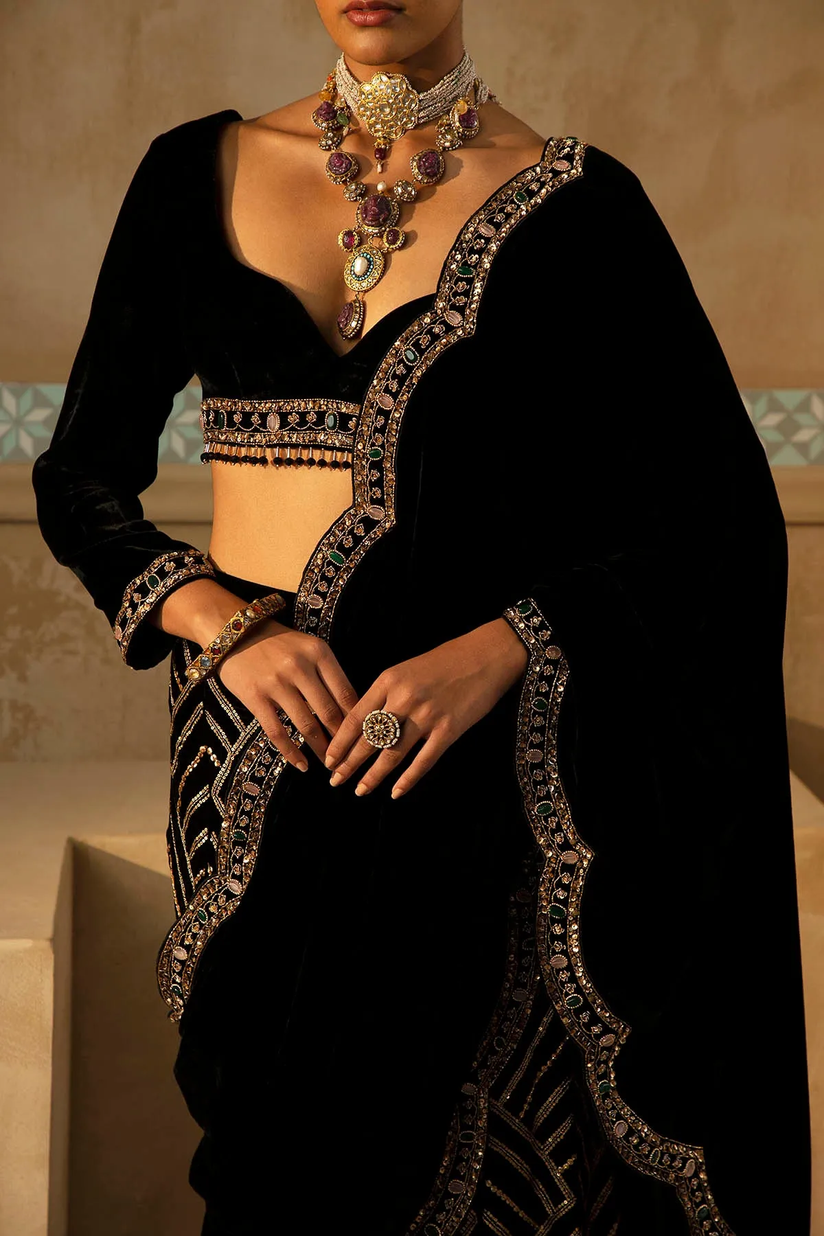 Black Scalloped Drape Sharara Set