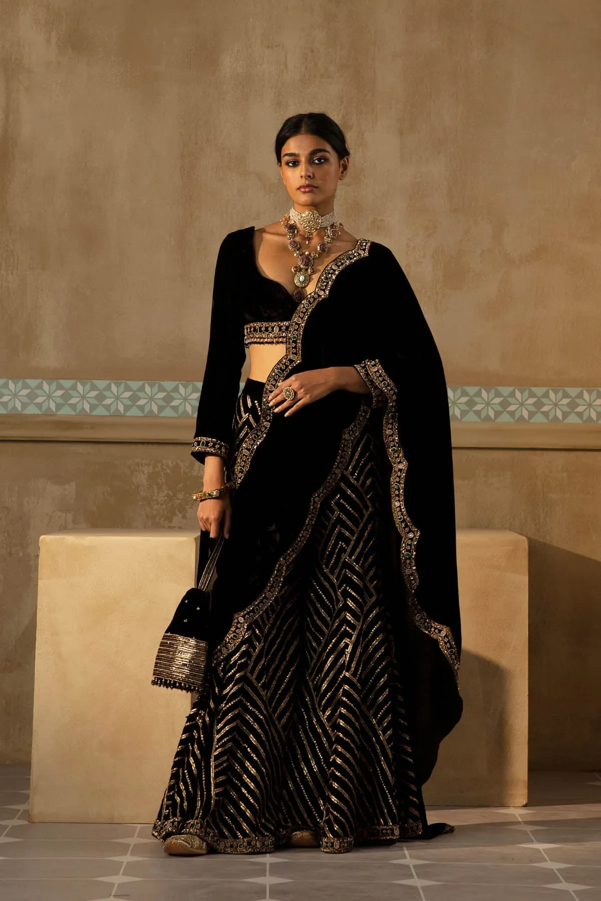 Black Scalloped Drape Sharara Set