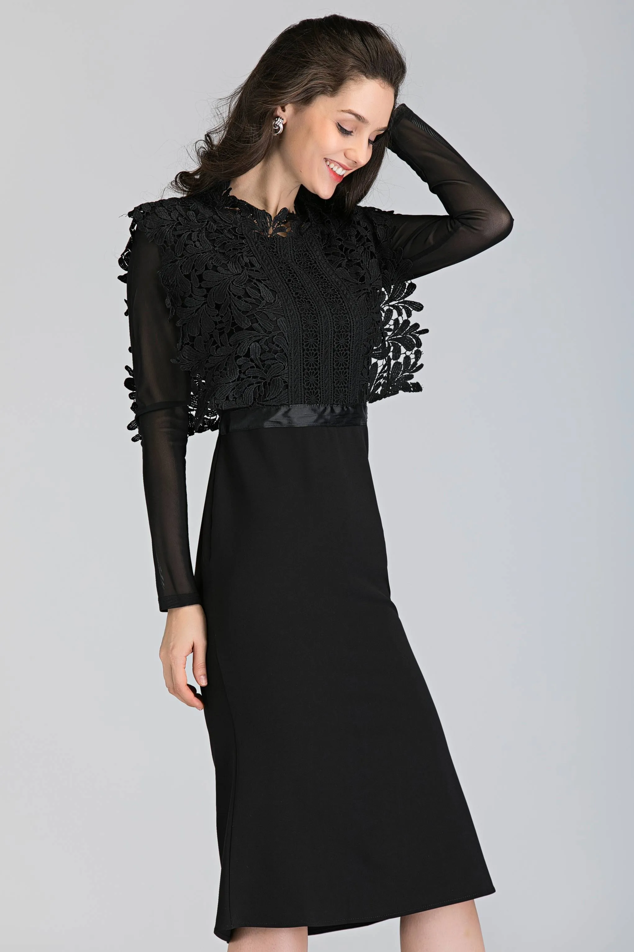 Black Sheer Sleeves Heavy Lace Midi Dress