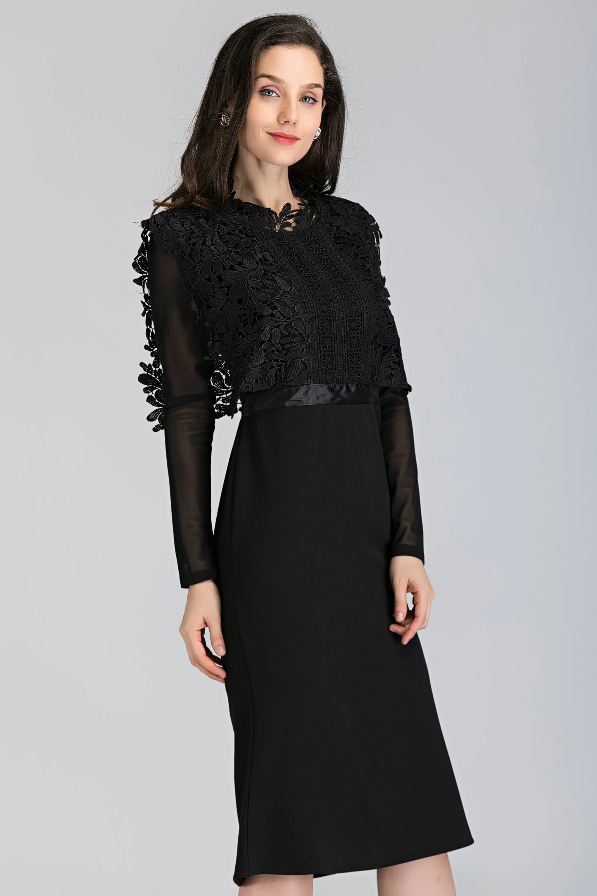 Black Sheer Sleeves Heavy Lace Midi Dress