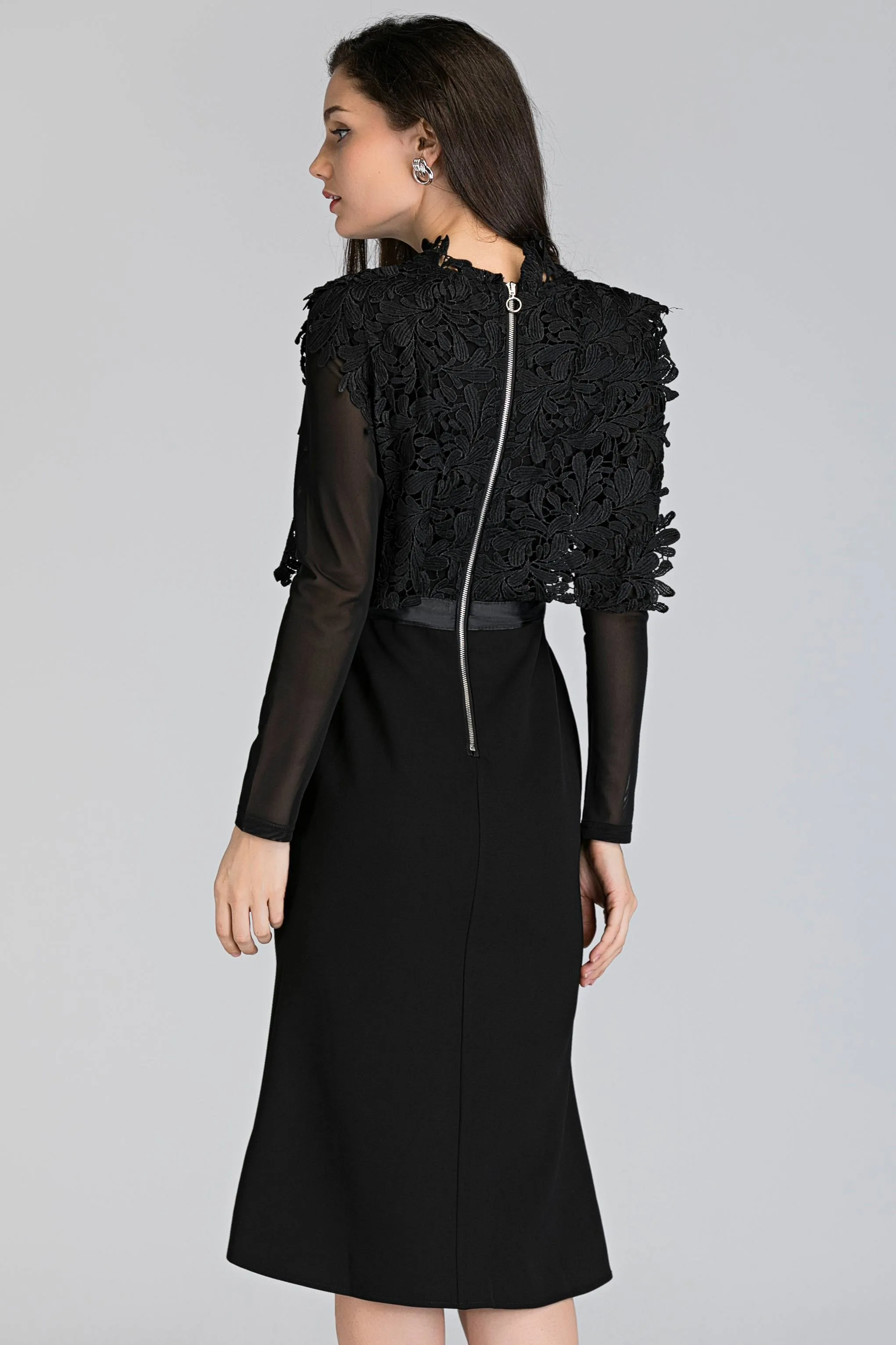 Black Sheer Sleeves Heavy Lace Midi Dress