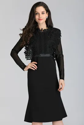 Black Sheer Sleeves Heavy Lace Midi Dress