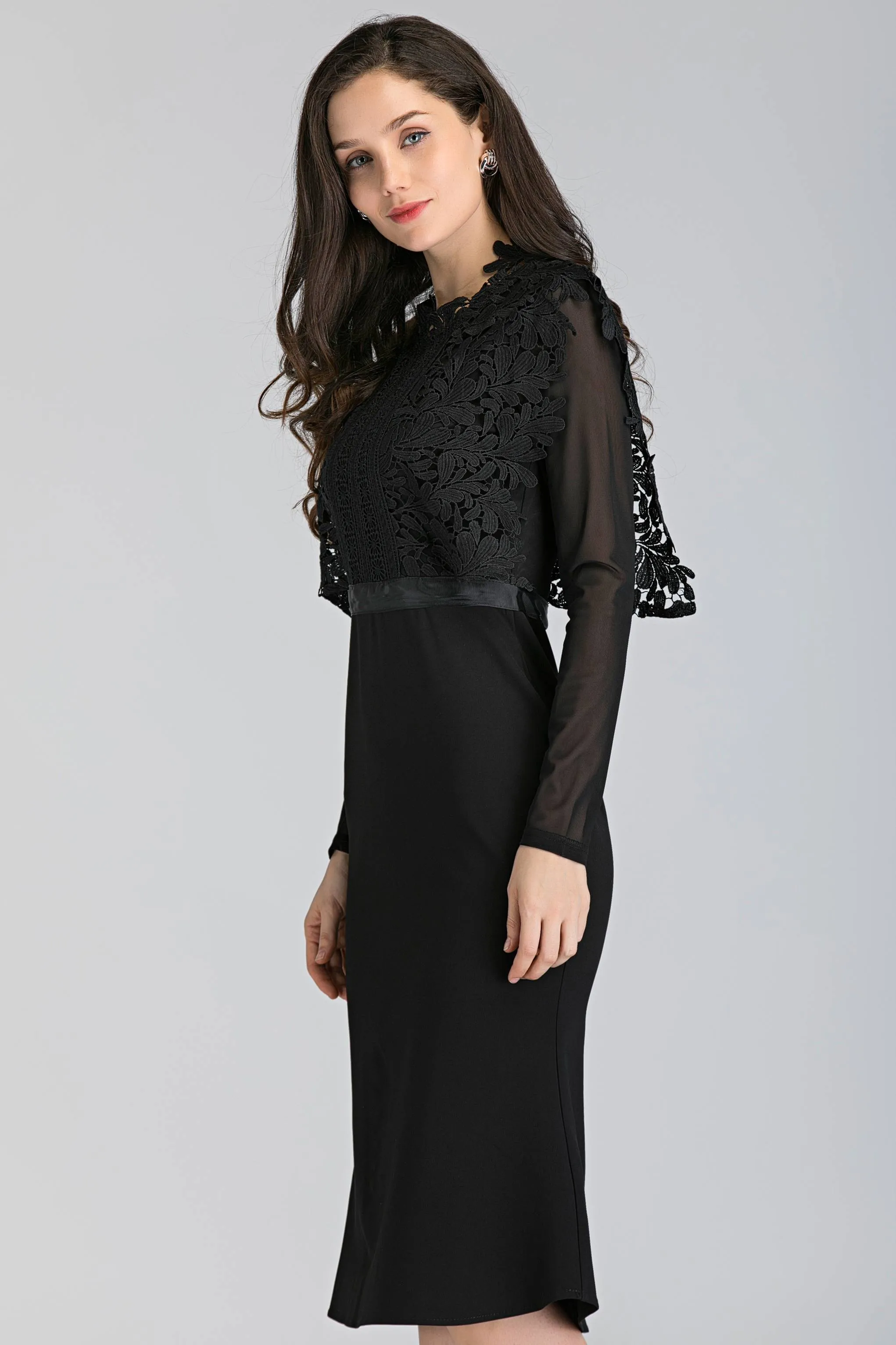 Black Sheer Sleeves Heavy Lace Midi Dress