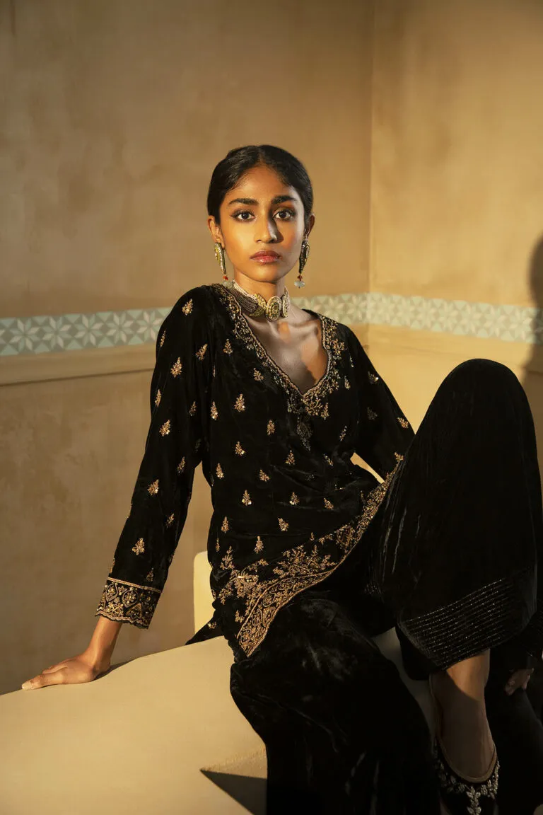 Black Velvet Fitted Gharara Set