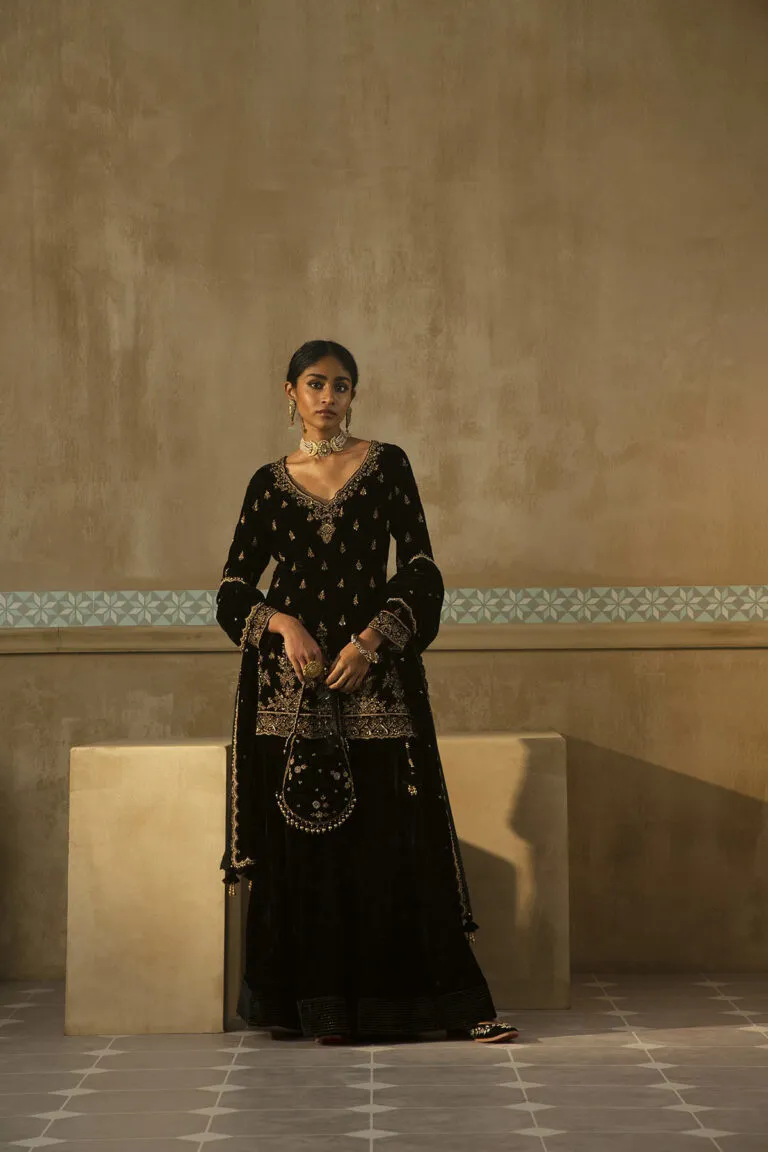 Black Velvet Fitted Gharara Set