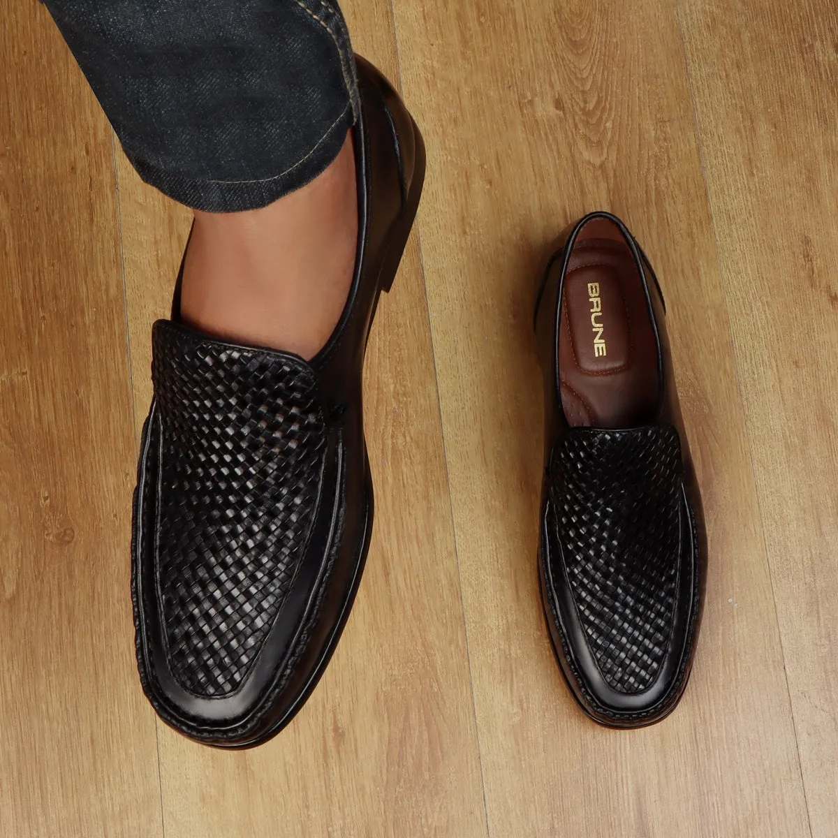 Black Weaved Vamp Leather Loafers For Men