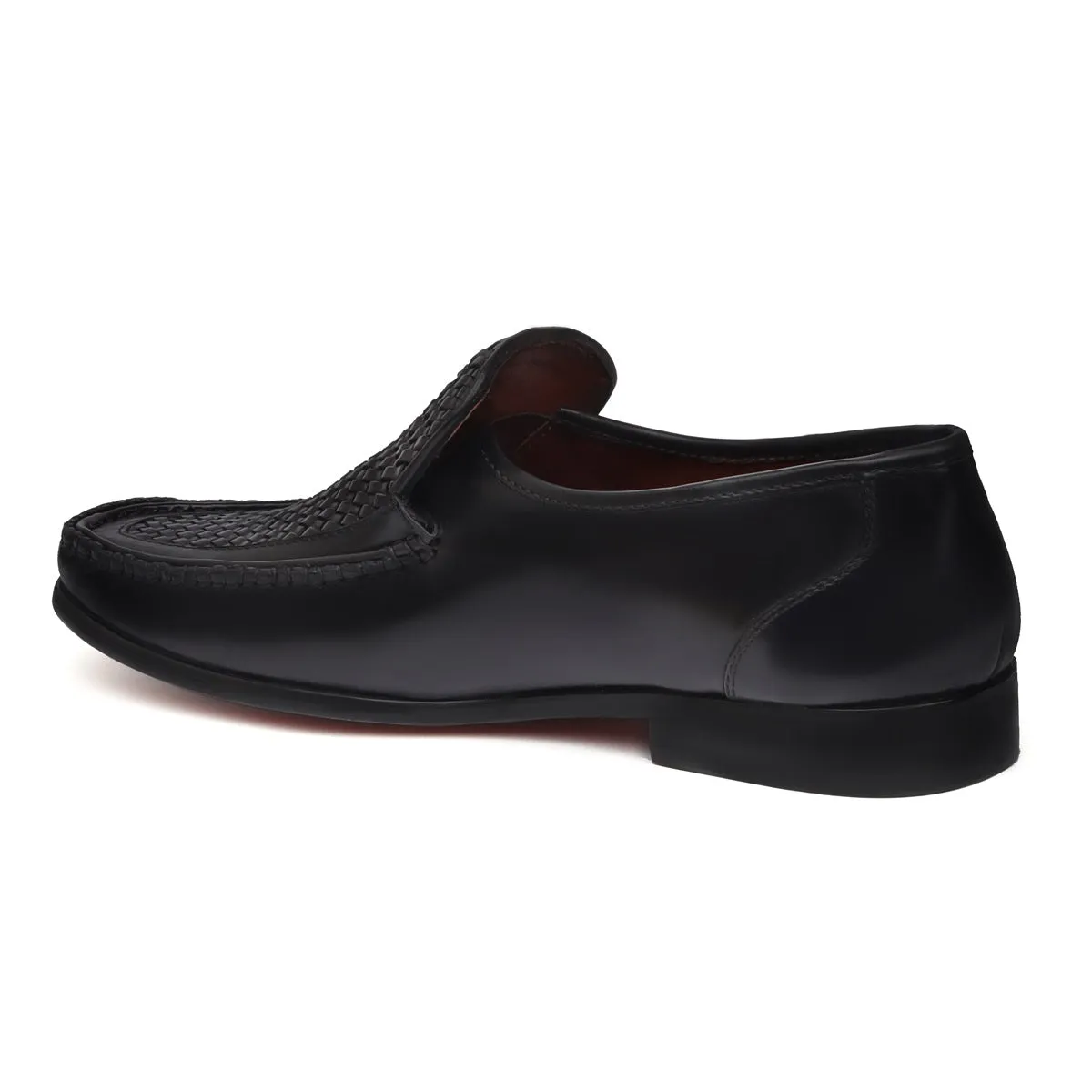 Black Weaved Vamp Leather Loafers For Men