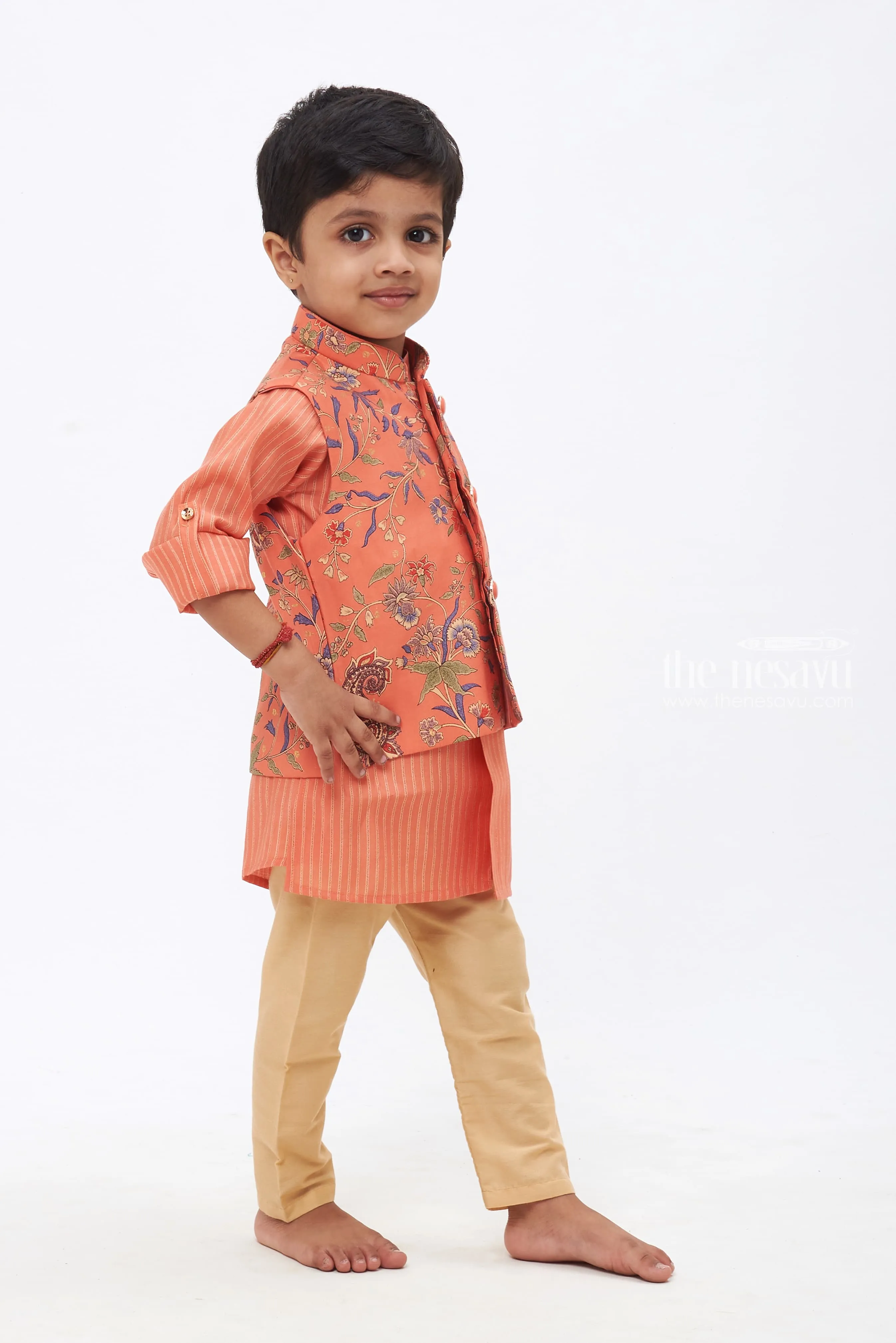 Boys Orange Paisley Embroidered Kurtha with Striped Jacket & Beige Trousers