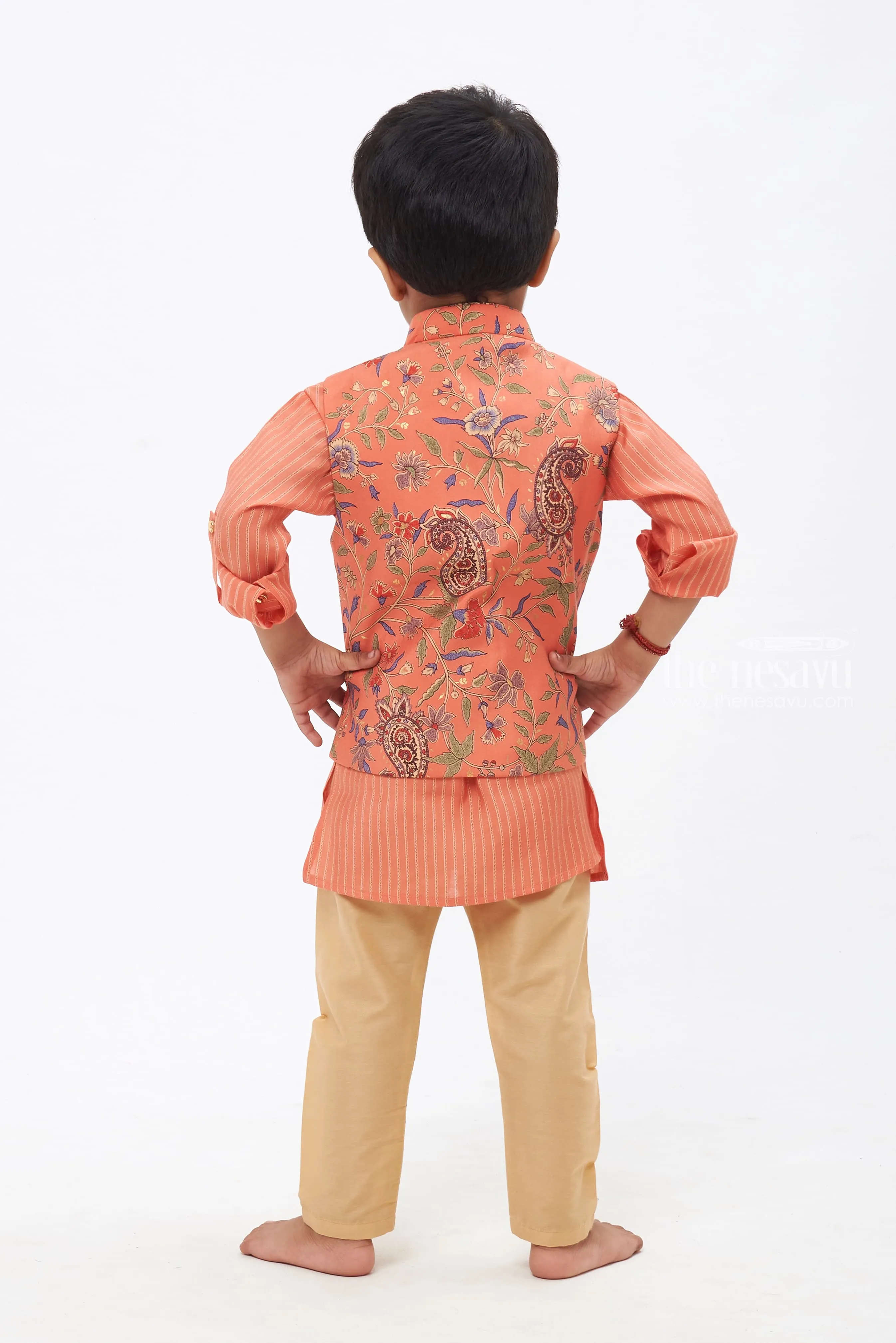 Boys Orange Paisley Embroidered Kurtha with Striped Jacket & Beige Trousers