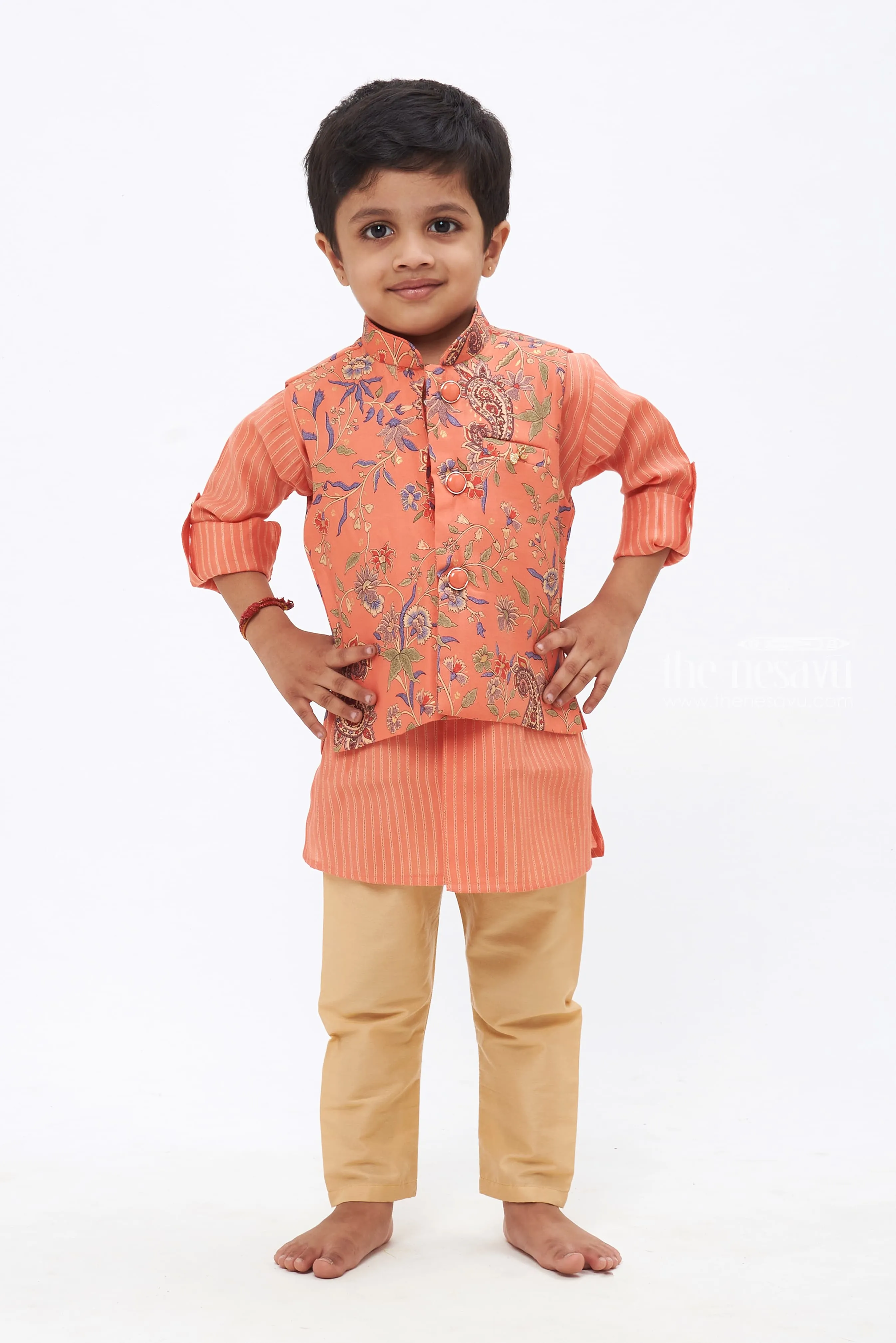 Boys Orange Paisley Embroidered Kurtha with Striped Jacket & Beige Trousers